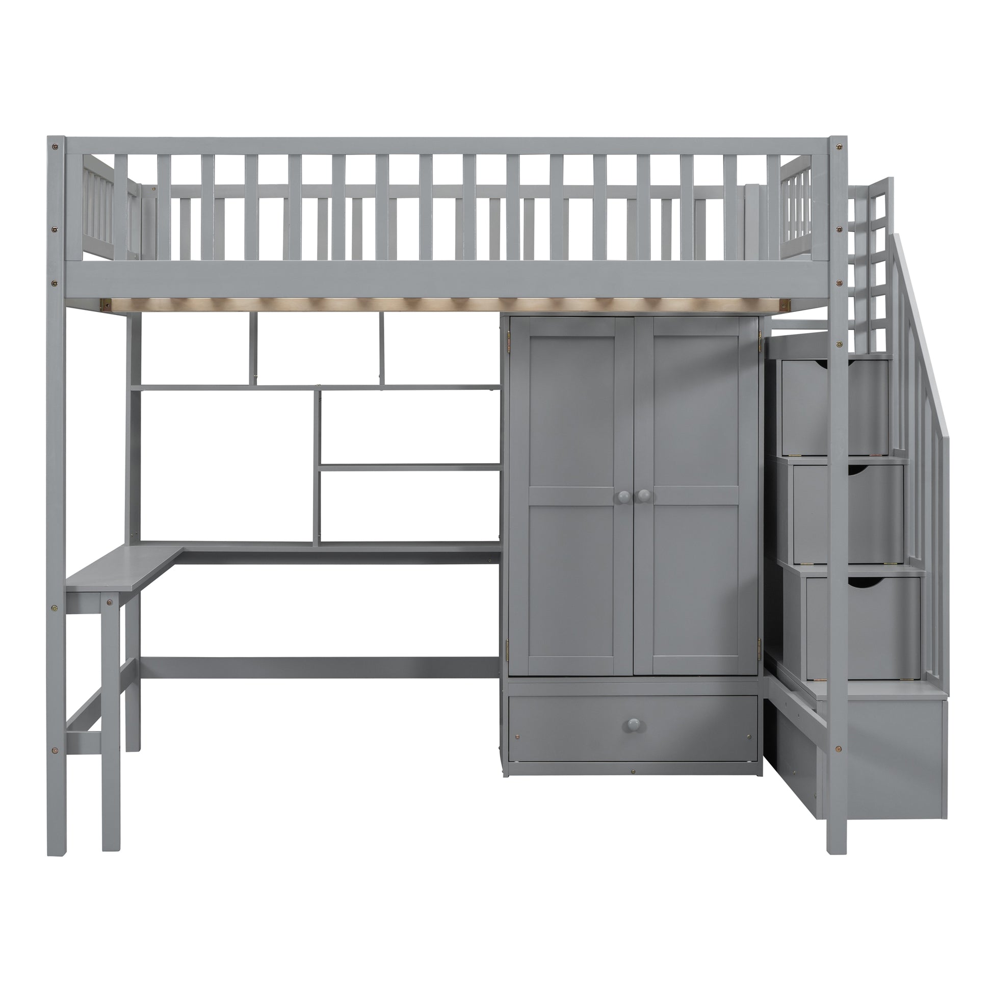 Full Size Loft Bed With Bookshelf,Drawers,Desk,And Wardrobe Gray Full Gray Solid Wood