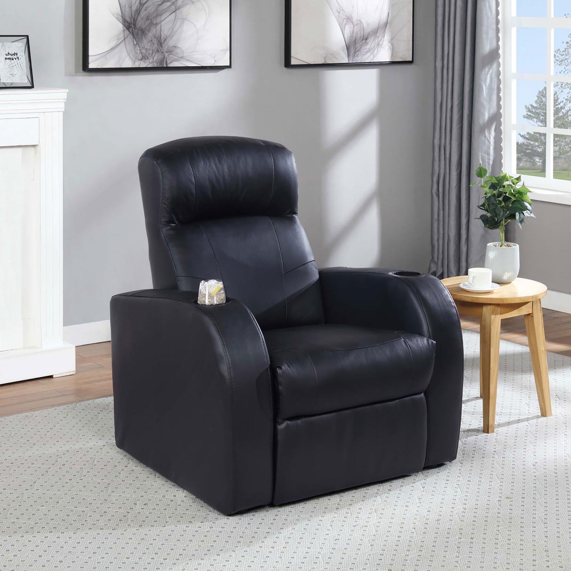 Black Upholstered Recliner With Cup Holder Black Genuine Leather Wood Primary Living Space Medium Firm Tight Back Contemporary,Modern Acacia Square Arms Foam Upholstered