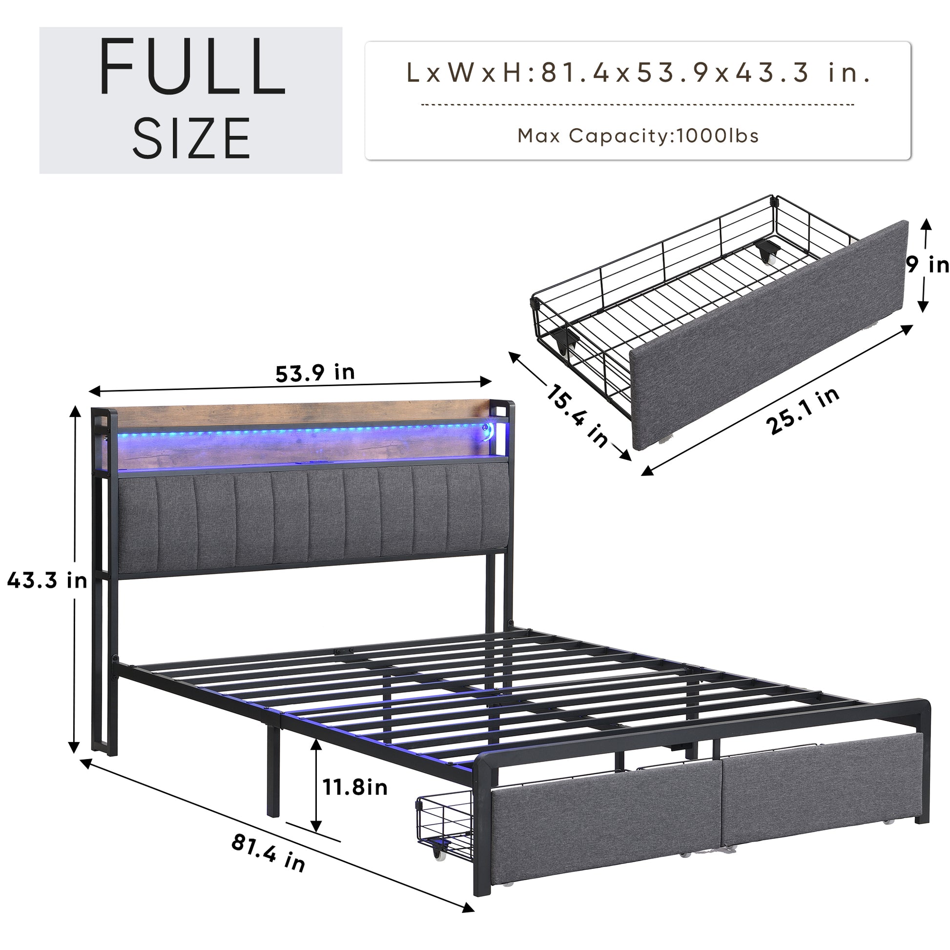 Full Bed Frames With Storage Headboard And Drawers, Led Platform Bed Frame Full Size, Led Upholstered Bed Frame With Charging Station, No Box Spring Needed, Easy Assembly, Grey Box Spring Not Required Full Gray Metal Bedroom Bed Frame Fabric Metal