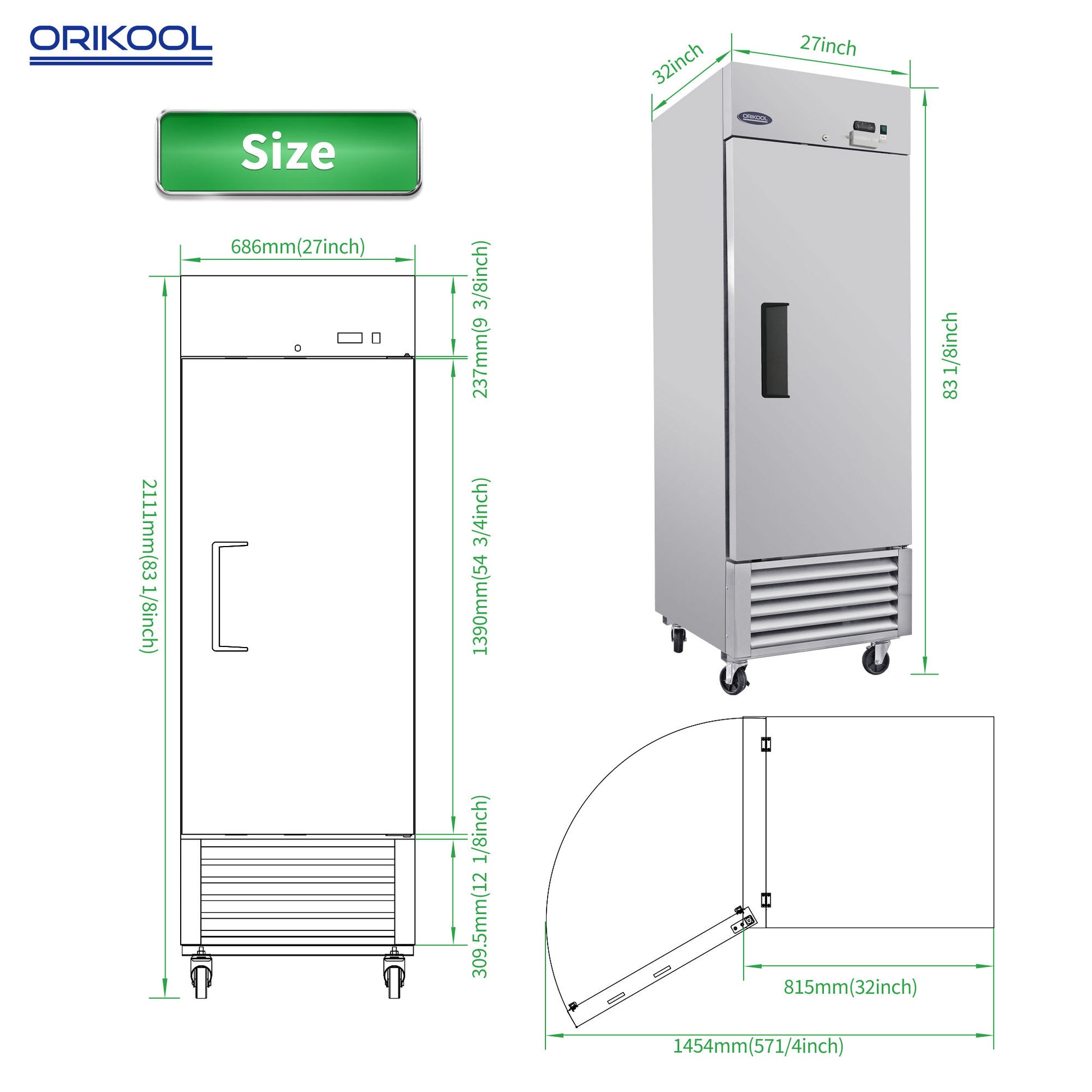 Orikool 27" Commercial Freezer 23 Cu.Ft With 1 Solid Door Reach In Freezers Stainless Steel Etl Approved Upright Freeze Storage Silver Stainless Steel