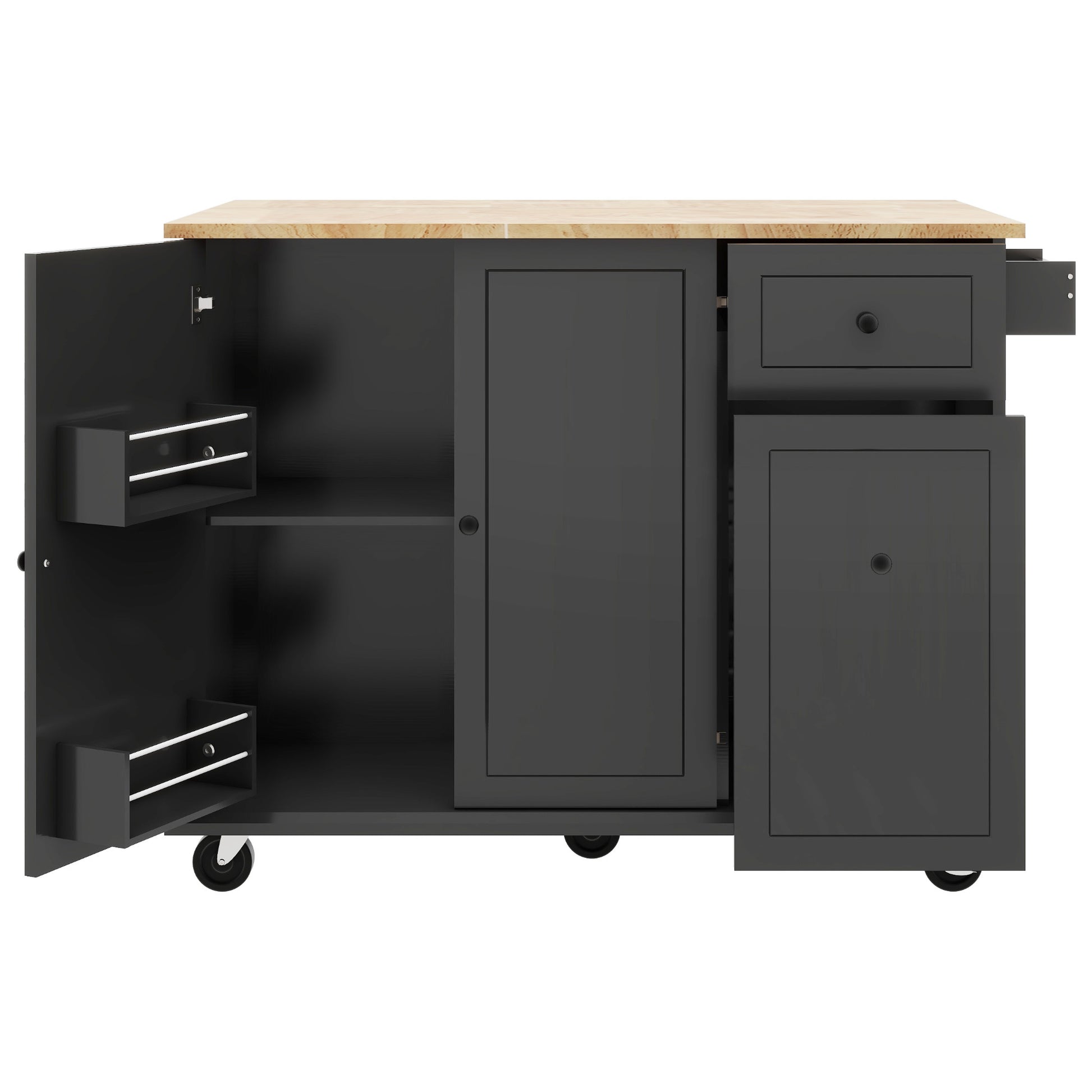 Kitchen Island With Drop Leaf, 53.9" Width Rolling Kitchen Cart On Wheels With Internal Storage Rack And 3 Tier Pull Out Cabinet Organizer, Kitchen Storage Cart With Spice Rack, Towel Rack Black Black Kitchen Classic,European,Modern Rectangular Kitchen