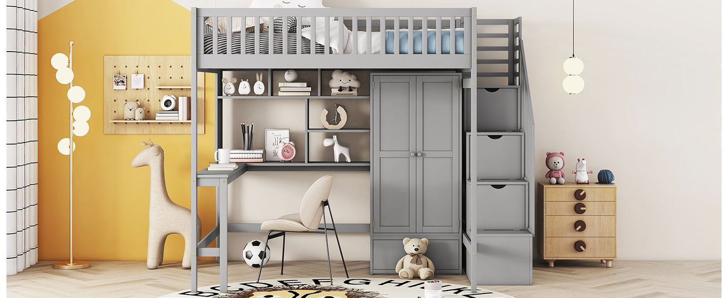 Full Size Loft Bed With Bookshelf,Drawers,Desk,And Wardrobe Gray Full Gray Solid Wood