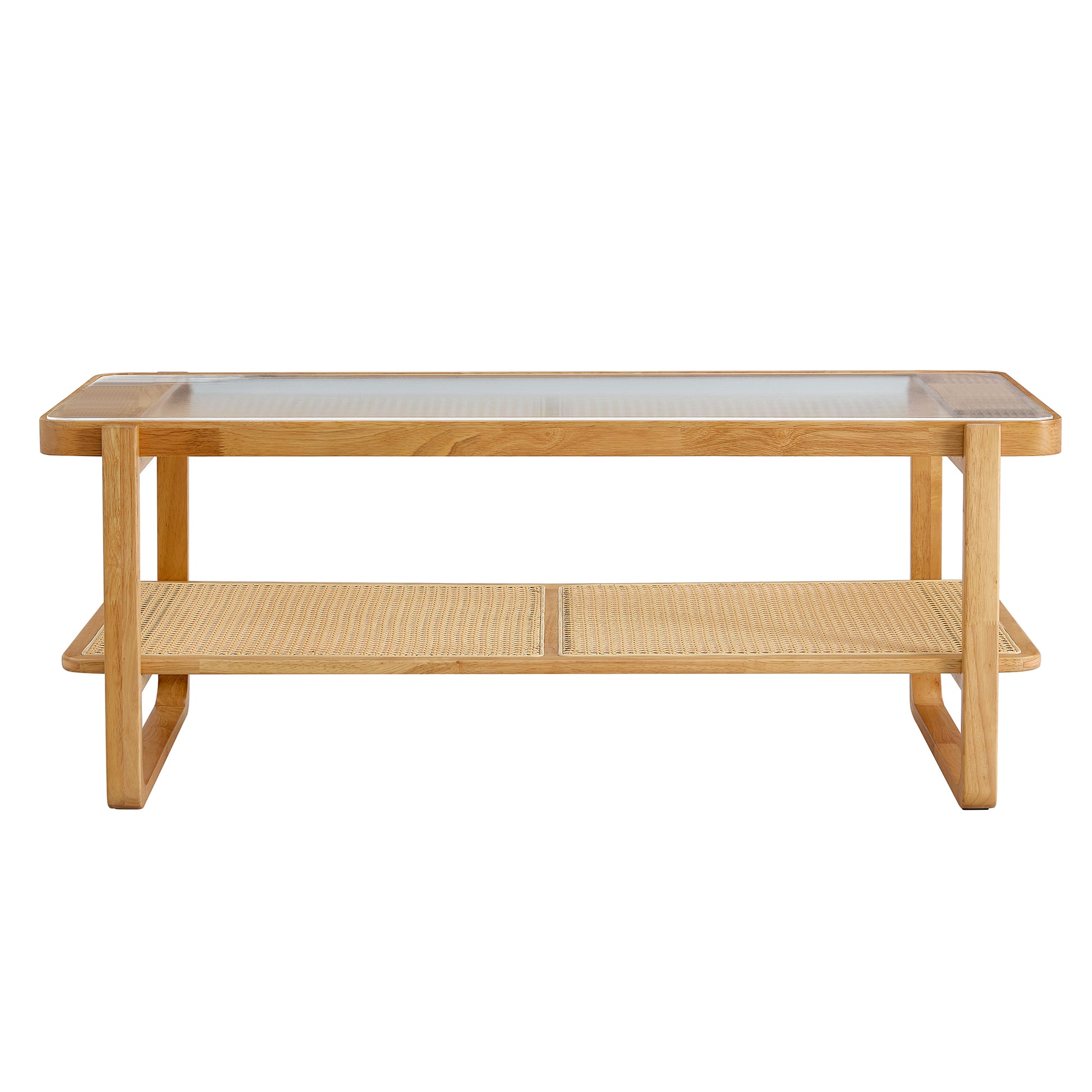 Modern Simple Rectangle Double Layer Solid Wood Glass Desktop Tea Table Rattan Woven Chinese Side Table Small Rectangle Table Suitable For Living Room, Dining Room And Bedroom Natural Solid Wood