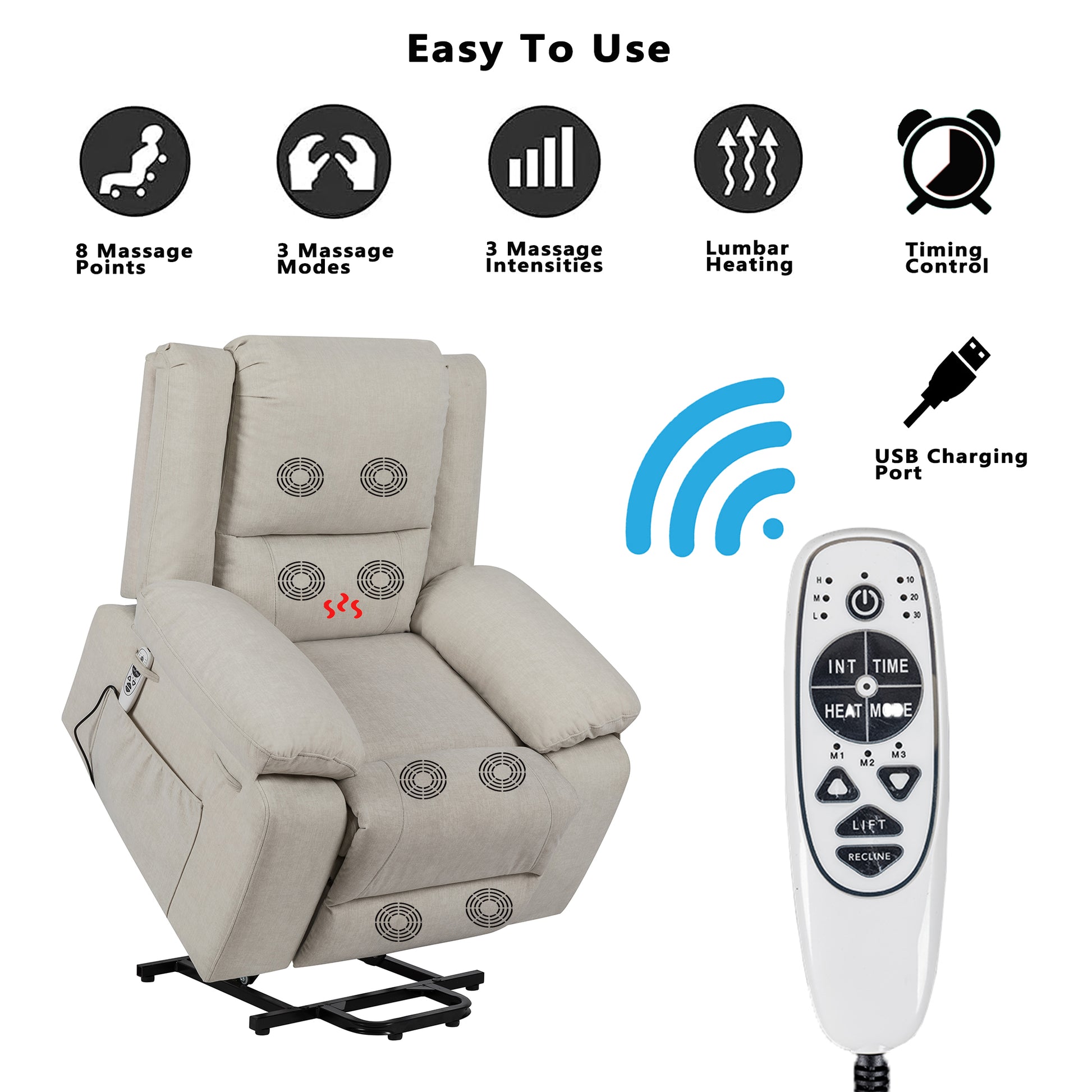 Electric Power Recliner Chair With Massage For Elderly ,Remote Control Multi Function Lifting, Timing, Cushion Heating Chair With Side Pocket Beige Beige Power Push Button Metal Primary Living Space Soft American Design Cat Scratch Fabric