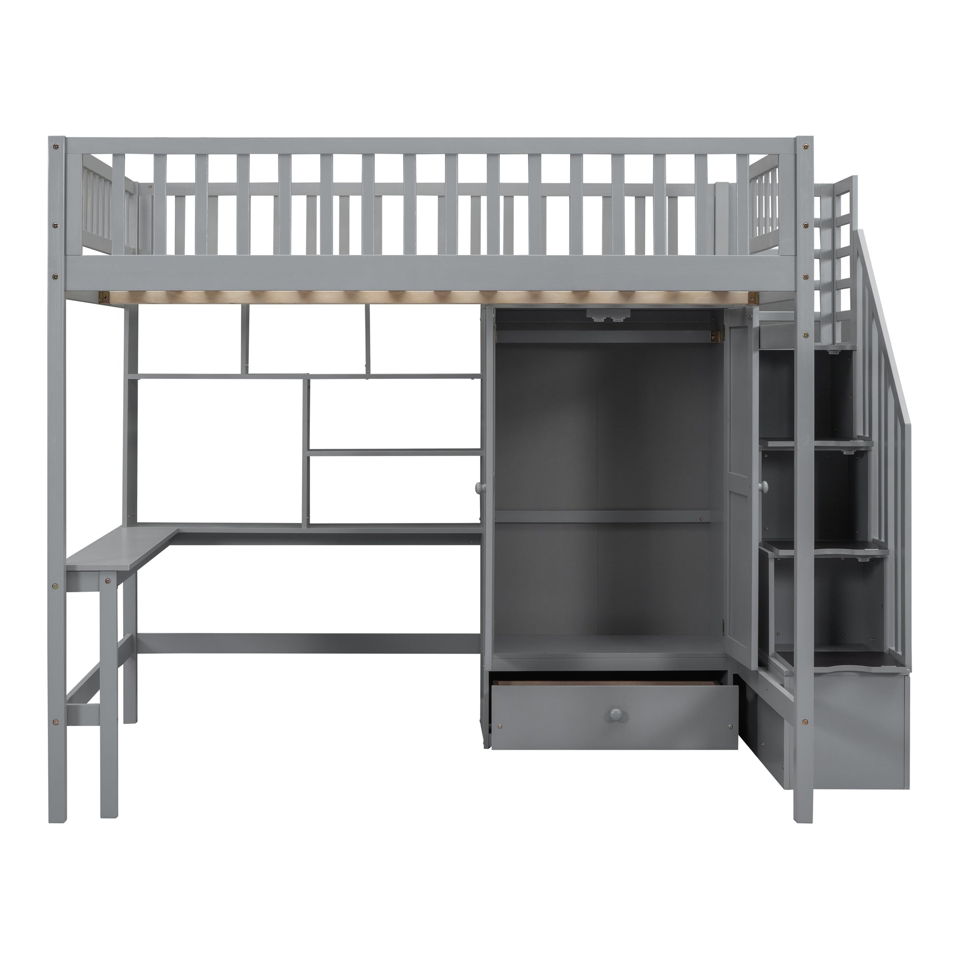 Full Size Loft Bed With Bookshelf,Drawers,Desk,And Wardrobe Gray Full Gray Solid Wood