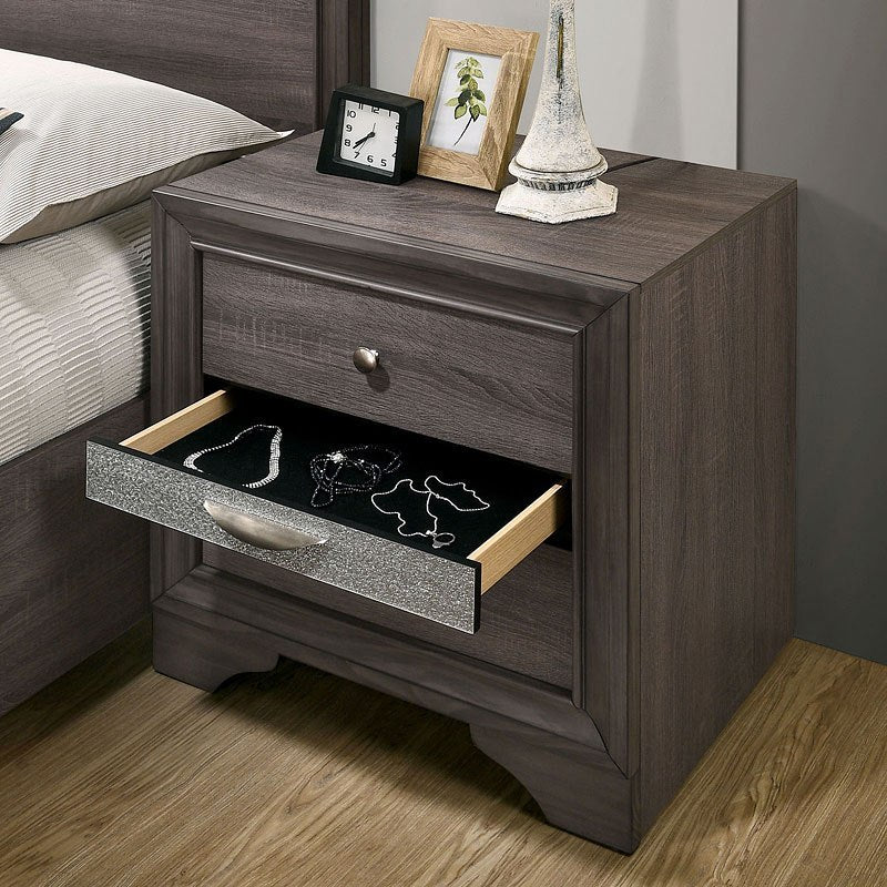 Contemporary 1Pc Nightstand Gray Finish Silver Accents Hidden Jewelry Drawer Nickel Round Knob Bedside Table Bedroom Furniture Gray Gray 2 Drawers Bedroom Bedside Cabinet Contemporary,Modern,Transitional Rubberwood Drawers Solid Wood