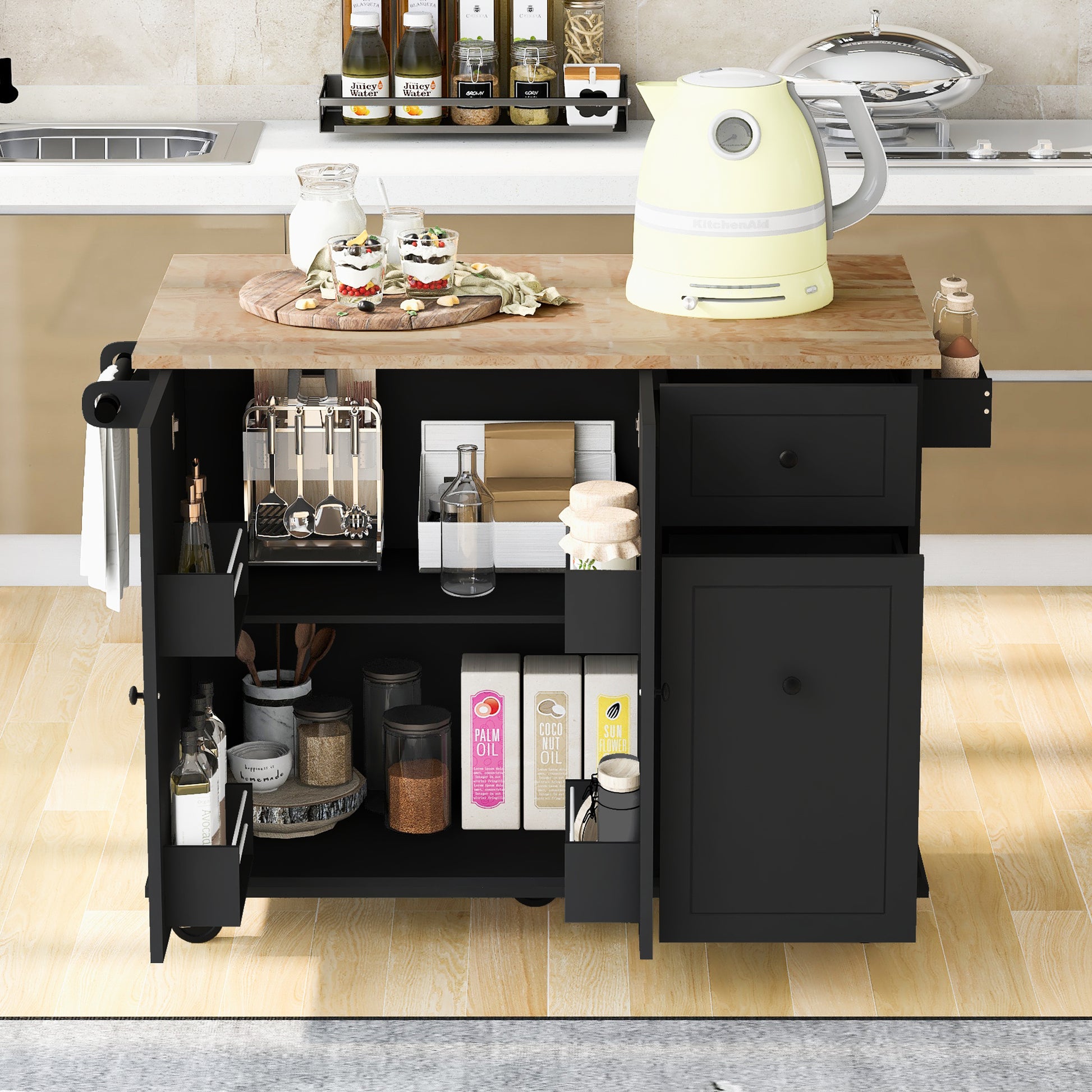 Kitchen Island With Drop Leaf, 53.9" Width Rolling Kitchen Cart On Wheels With Internal Storage Rack And 3 Tier Pull Out Cabinet Organizer, Kitchen Storage Cart With Spice Rack, Towel Rack Black Black Kitchen Classic,European,Modern Rectangular Kitchen