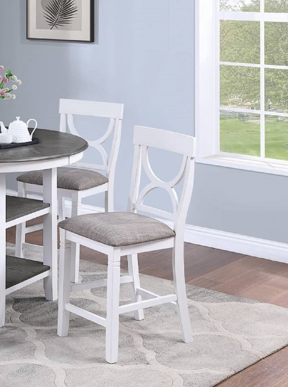 Counter Height Dining Table W Storage Shelve 4X Chairs Padded Seat Unique Design Back 5Pc Dining Set White Color Wood White Seats 4 White Dining Room Contemporary,Modern Round Dining Table With Chair Rubber Wood