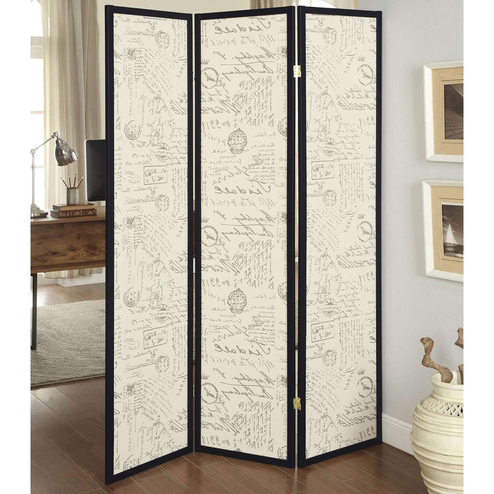 Beige And Espresso 3 Panel Folding Screen Beige Traditional Fabric