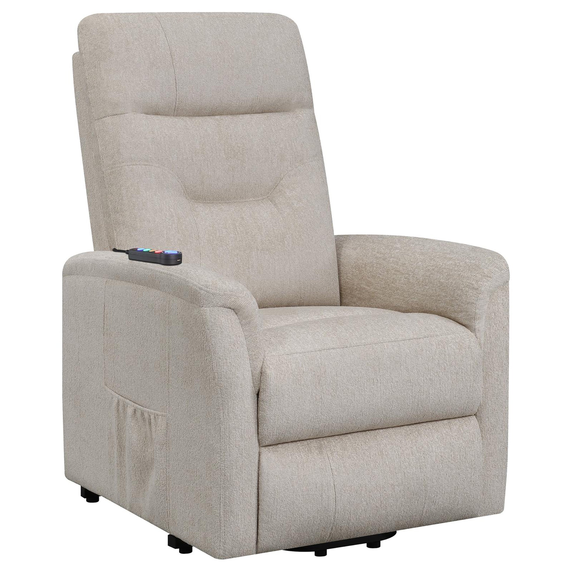 Beige Upholstered Power Lift Recliner With Storage Pocket Beige Chenille Power Remote Wood Primary Living Space Medium Firm Cushion Back Contemporary,Modern Square Arms Foam Fabric