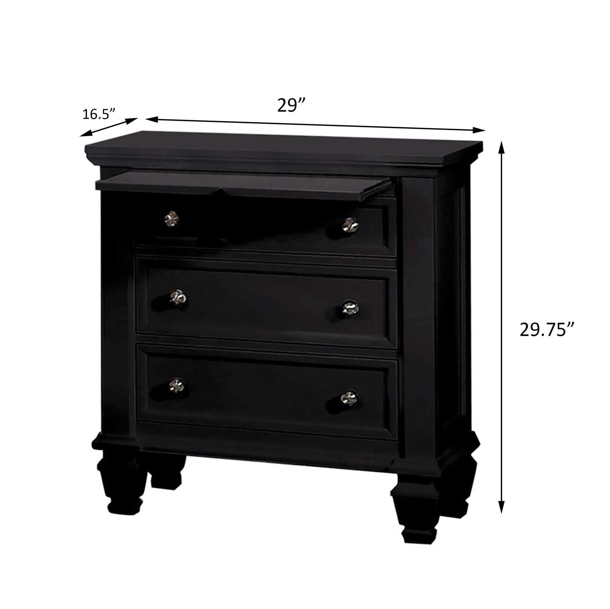 Black 3 Drawer Nightstand With Pull Out Tray Black 3 Drawers Bedroom Drawer Storage Coastal Rubberwood Felt Lined Drawers Black Wood