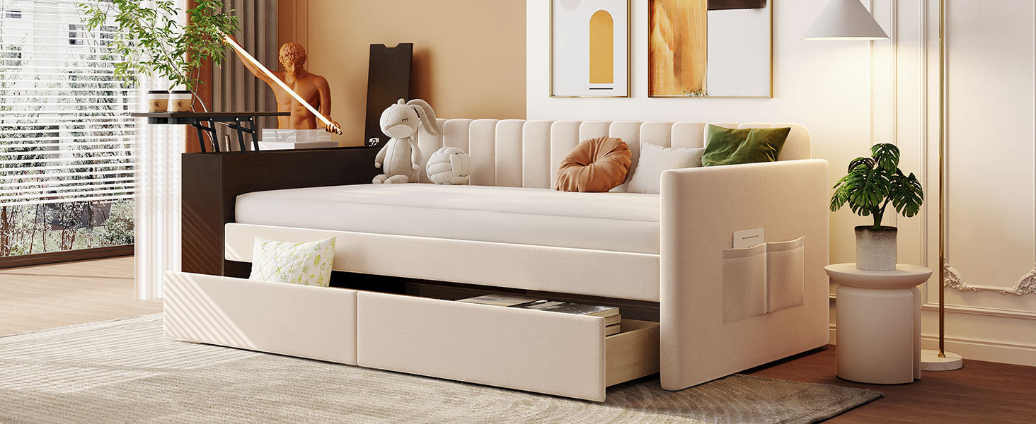 Twin Size Upholstered Daybed With Storage Armrest And 2 Drawers, Multi Functional Daybed With Cup Holder And A Set Of Usb Ports And Sockets, Beige Beige Upholstered