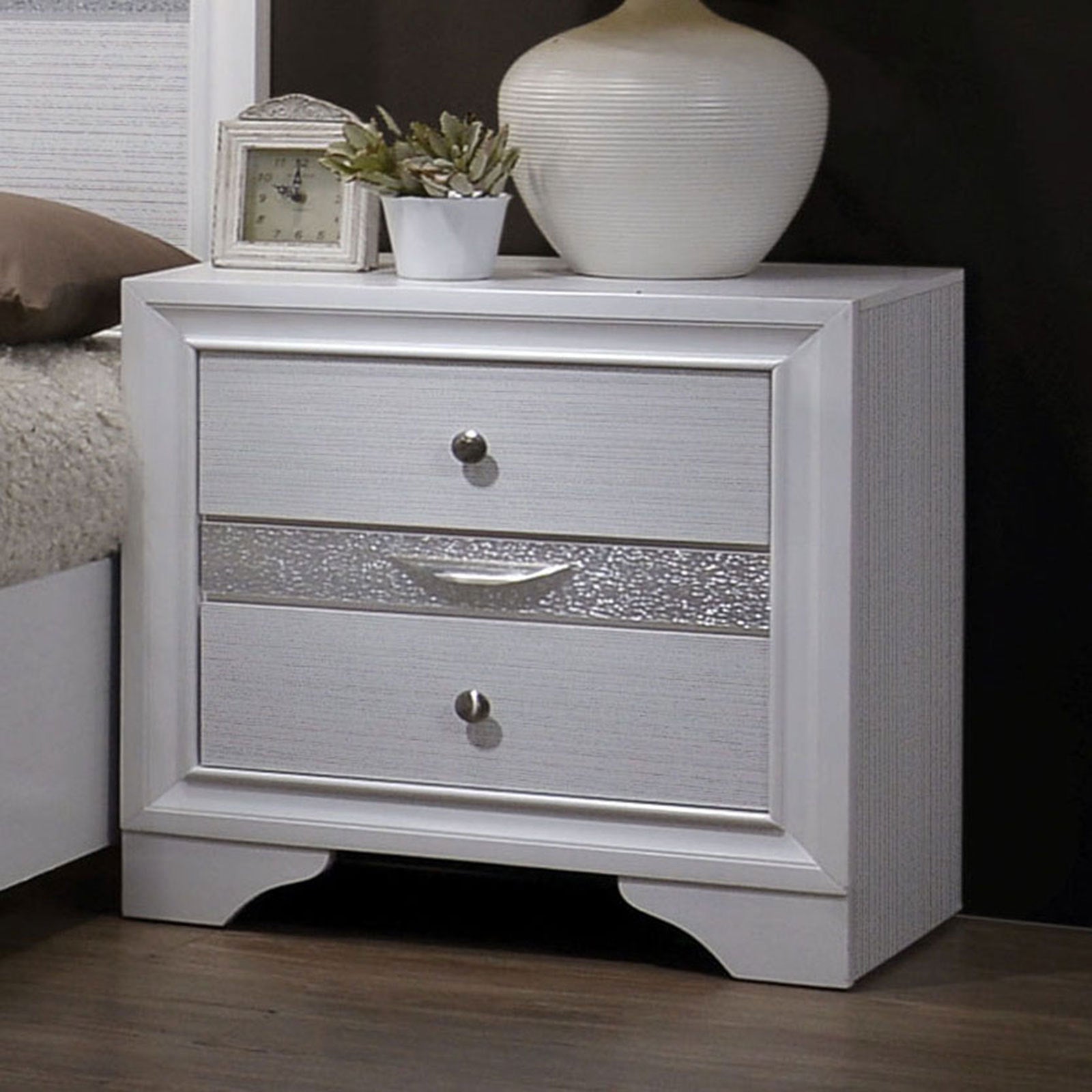 Contemporary 1Pc Nightstand White Finish Silver Accents Hidden Jewelry Drawer Nickel Round Knob Bedside Table Bedroom Furniture White White 2 Drawers Bedroom Bedside Cabinet Contemporary,Modern,Transitional Rubberwood Drawers White Solid Wood