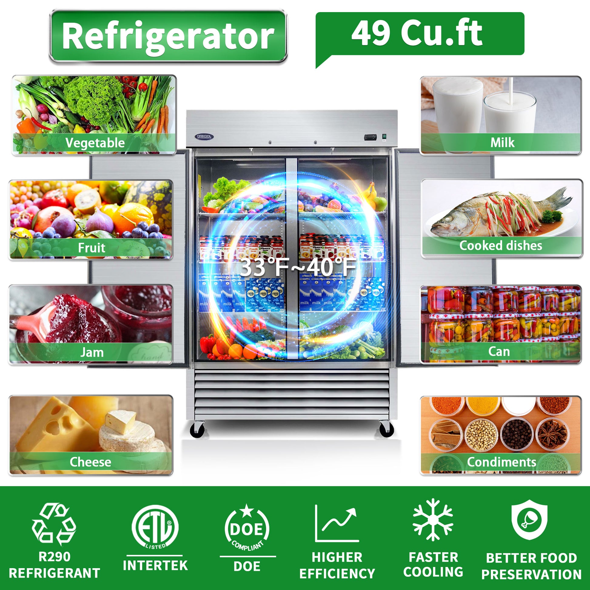 Orikool 54" Commercial Refrigerator 49 Cu.Ft With 2 Solid Door Reach In Refrigerators Stainless Steel Etl Approved Upright Fridge Storage Silver Stainless Steel