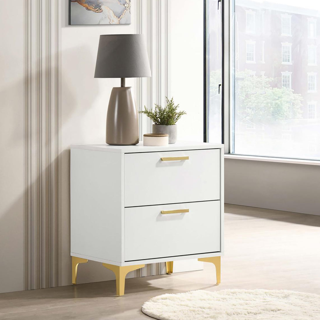 White And Gold 2 Drawer Rectangular Nightstand White White 2 Drawers Bedroom Drawer Storage Glam Rubberwood Dovetail Joints White Wood