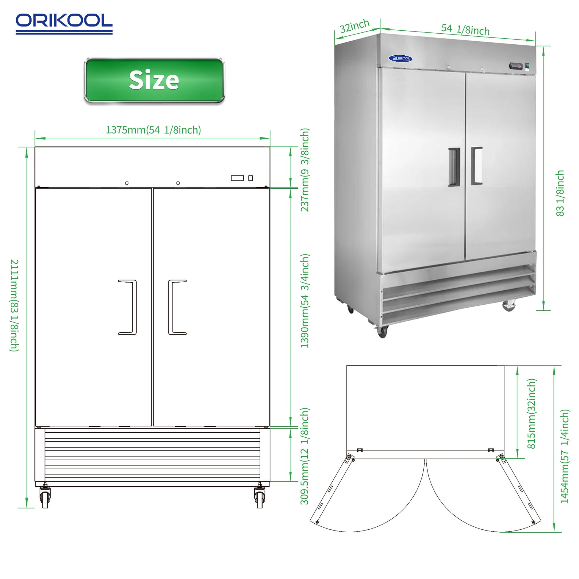 Orikool 54" Commercial Refrigerator 49 Cu.Ft With 2 Solid Door Reach In Refrigerators Stainless Steel Etl Approved Upright Fridge Storage Silver Stainless Steel