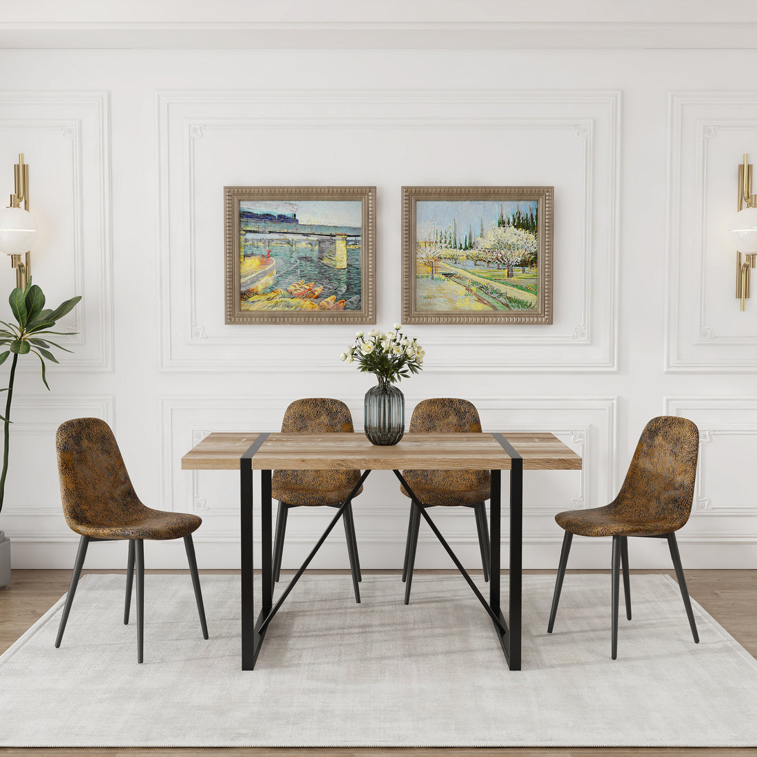 Mdf Wood Colour Dining Table And Modern Dining Chairs Set Of 4, Mid Century Wooden Kitchen Table Set, Metal Base & Legs, Dining Room Table And Suede Chairs Natural Wood Dining Room Mid Century Modern Mdf Mdf