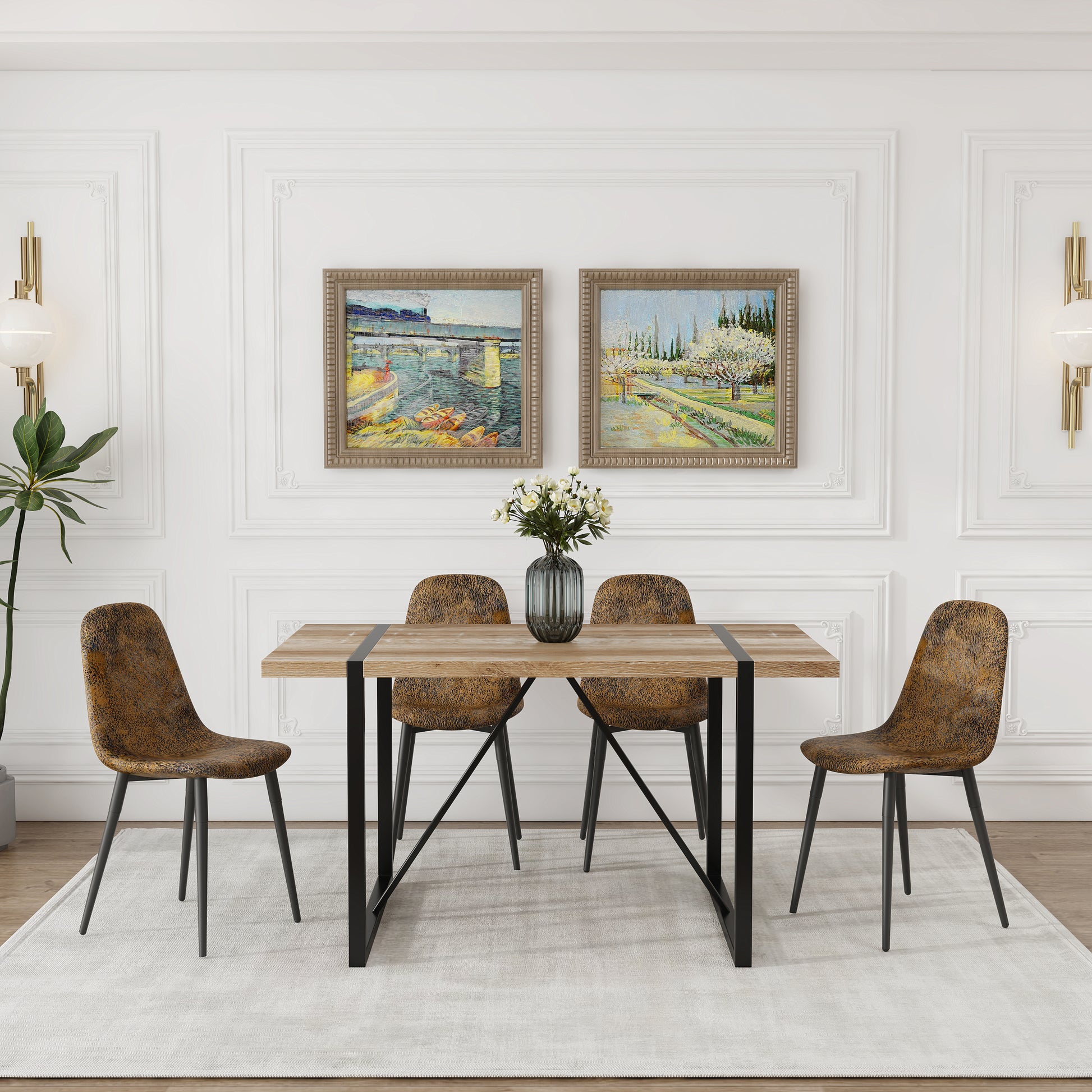 Mdf Wood Colour Dining Table And Modern Dining Chairs Set Of 4, Mid Century Wooden Kitchen Table Set, Metal Base & Legs, Dining Room Table And Suede Chairs Natural Wood Dining Room Mid Century Modern Mdf Mdf