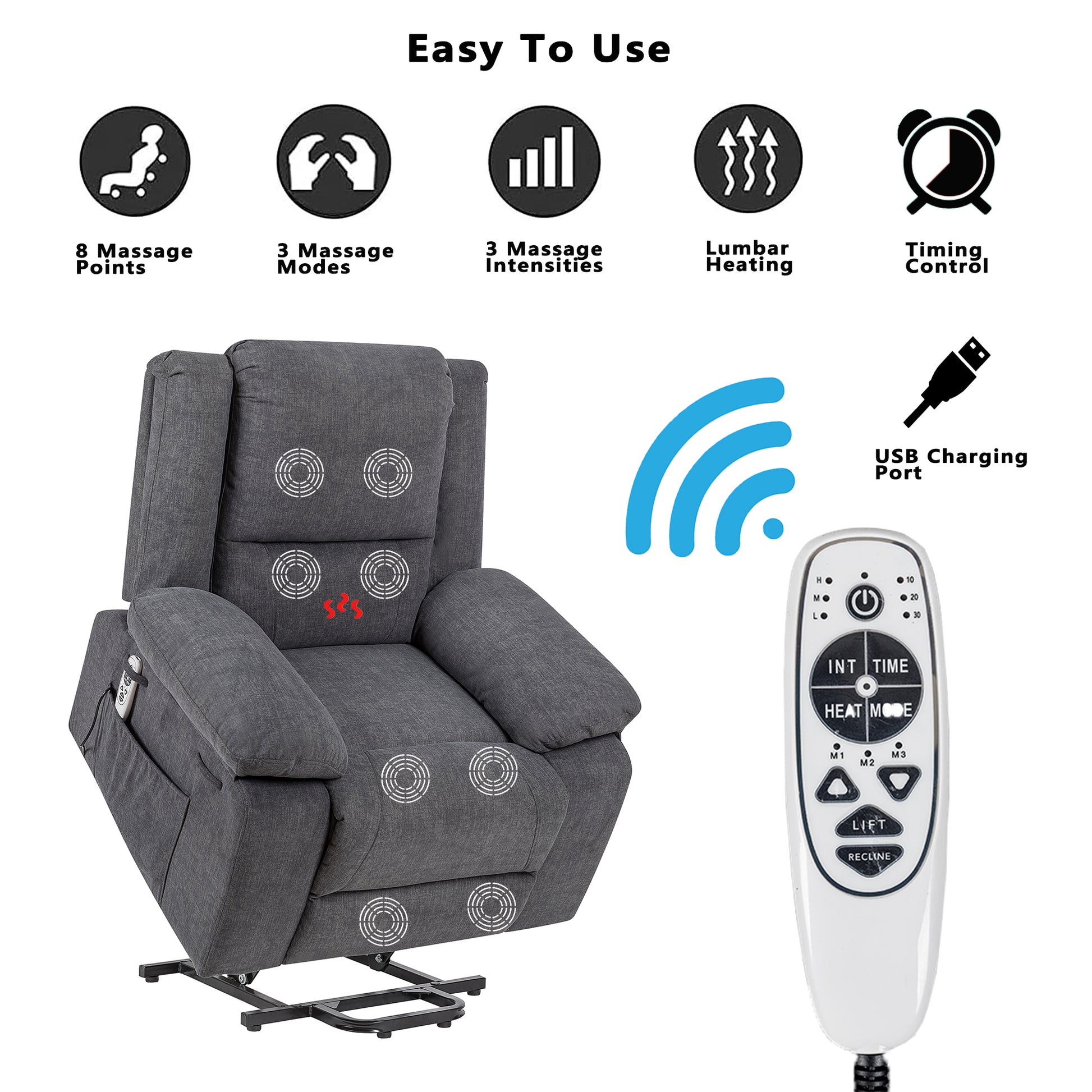 Electric Power Recliner Chair With Massage For Elderly ,Remote Control Multi Function Lifting, Timing, Cushion Heating Chair With Side Pocket Dark Grey Dark Grey Power Remote Metal Primary Living Space Soft American Design Pillow Top Arms Cat Scratch