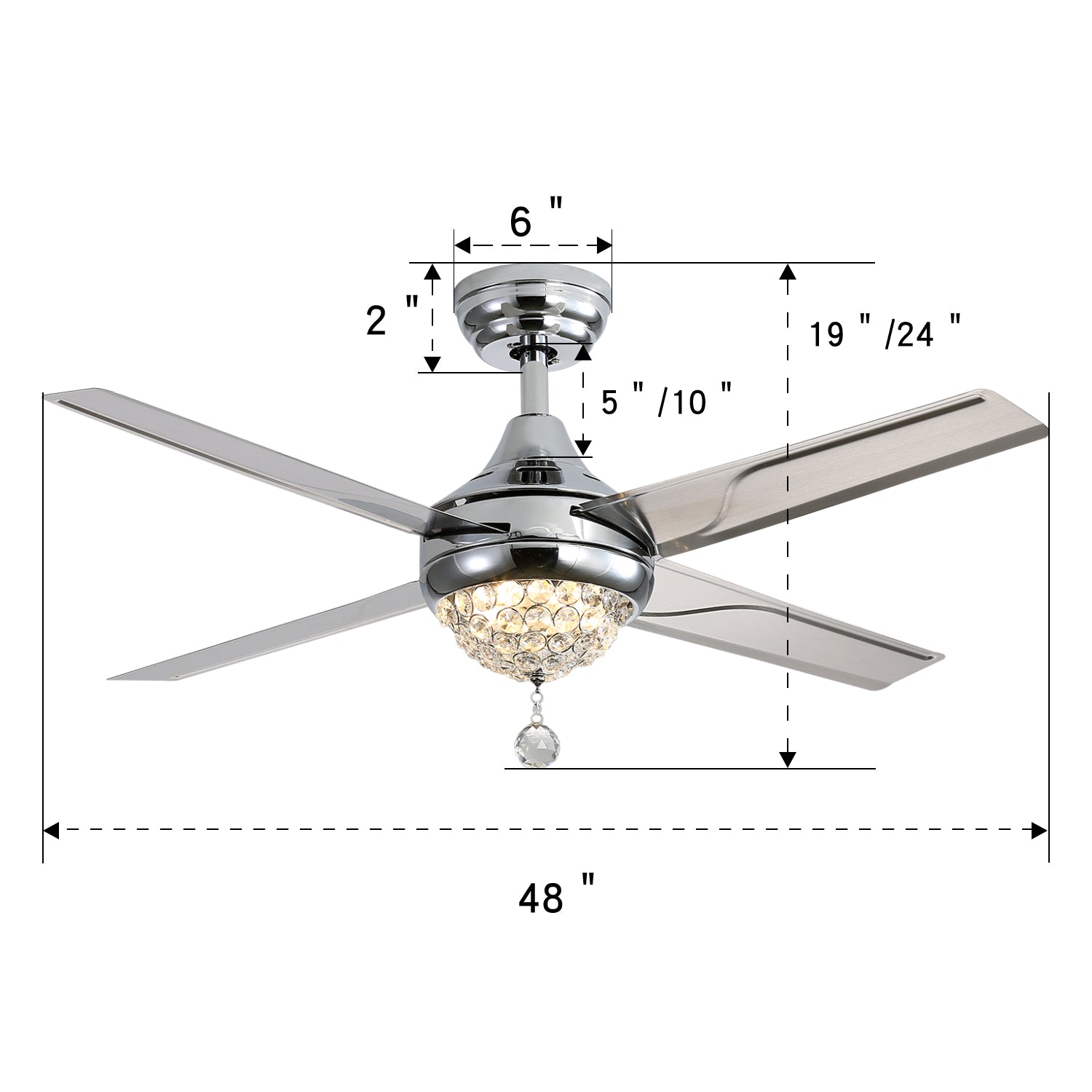 48 Inch Crystal With 3 Speed Wind 4 Iron Blades Remote Control Ac Motor With Light Chrome Metal