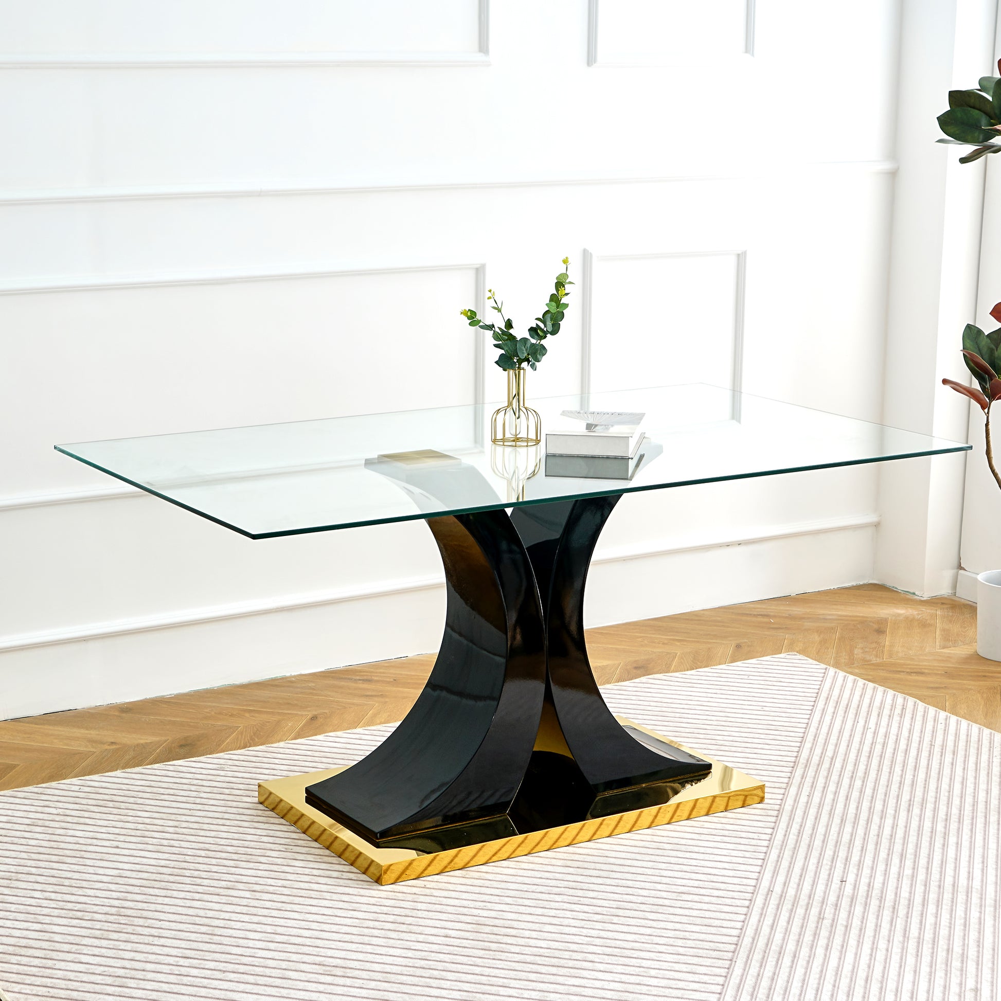 Modern Style Glass Dining Table, Elegant Transparent Design, Solid Support Base, Black Dining Chair Set, Gold Plated Chair Legs, Suitable For Restaurant Kitchen Use Set Of 9 Metal Glass Black Gold Mdf Metal
