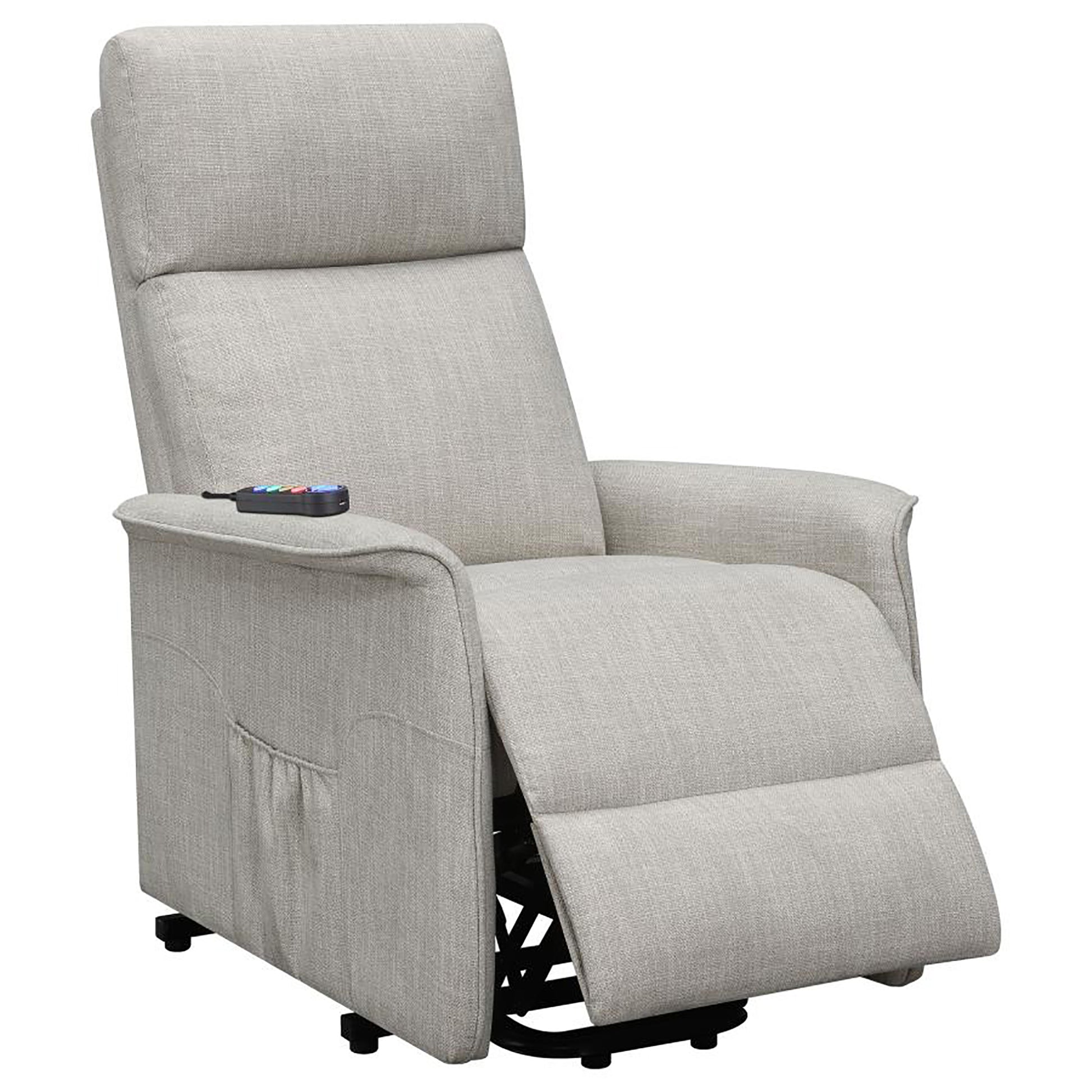 Beige Upholstered Power Lift Recliner With Wired Remote Beige Polyester Power Remote Wood Primary Living Space Medium Firm Cushion Back Contemporary,Modern Flared Arms Foam Fabric