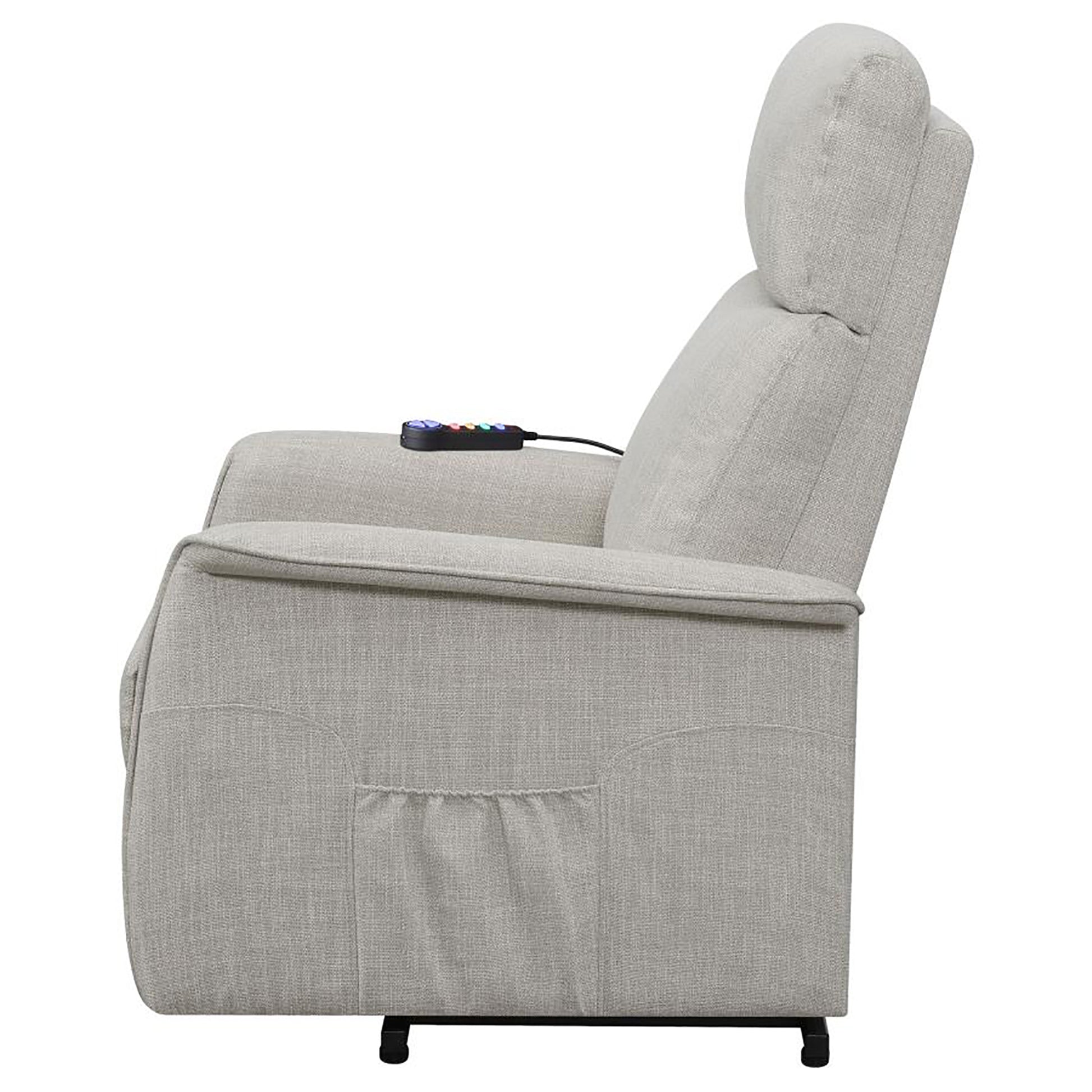 Beige Upholstered Power Lift Recliner With Wired Remote Beige Polyester Power Remote Wood Primary Living Space Medium Firm Cushion Back Contemporary,Modern Flared Arms Foam Fabric