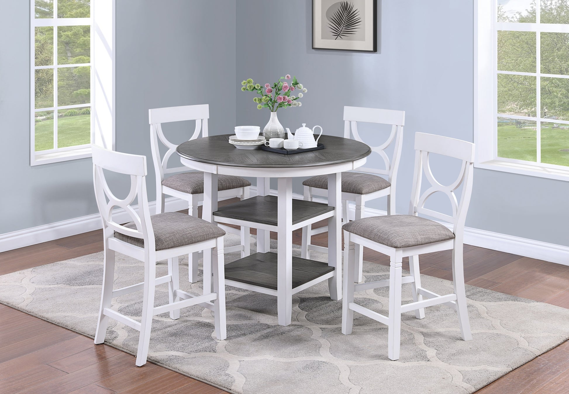 Counter Height Dining Table W Storage Shelve 4X Chairs Padded Seat Unique Design Back 5Pc Dining Set White Color Wood White Seats 4 White Dining Room Contemporary,Modern Round Dining Table With Chair Rubber Wood