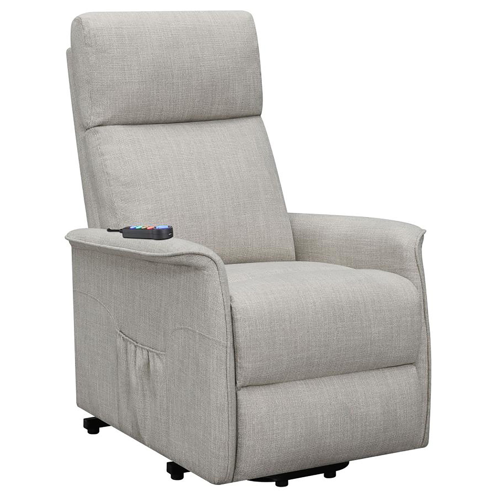 Beige Upholstered Power Lift Recliner With Wired Remote Beige Polyester Power Remote Wood Primary Living Space Medium Firm Cushion Back Contemporary,Modern Flared Arms Foam Fabric