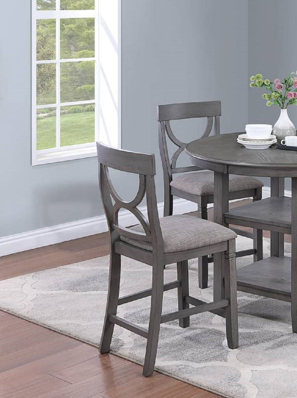 Counter Height Dining Table W Storage Shelve 4X Chairs Padded Seat Unique Design Back 5Pc Dining Set Gray Color Wood Gray Seats 4 Gray Dining Room Contemporary,Modern Round Dining Table With Chair Rubber Wood