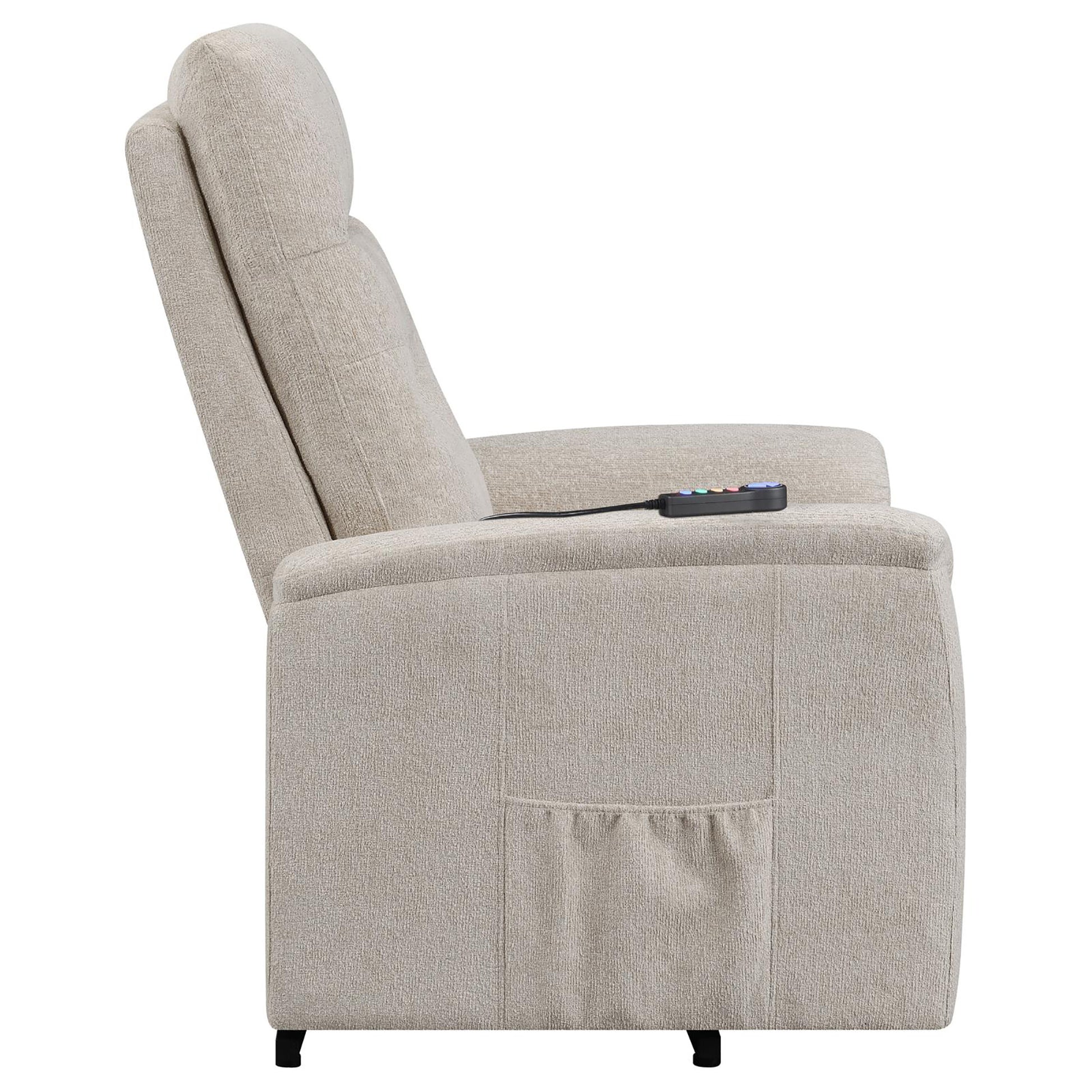 Beige Upholstered Power Lift Recliner With Storage Pocket Beige Chenille Power Remote Wood Primary Living Space Medium Firm Cushion Back Contemporary,Modern Square Arms Foam Fabric