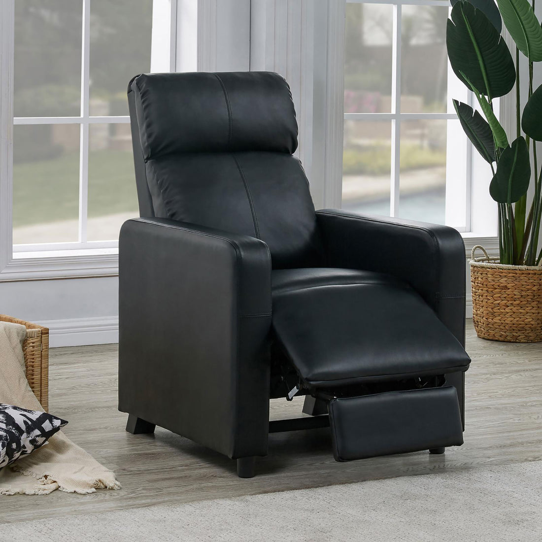 Black Upholstered Push Back Recliner Black Faux Leather Manual Push Back Wood Primary Living Space Medium Firm Tufted Back Contemporary,Modern Fir Square Arms Foam Faux Leather