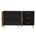 Modern Sideboard Mdf Buffet Cabinet Marble Sticker Tabletop And Amber Yellow Tempered Glass Doors With Gold Metal Legs & Handles Black Black Mdf Glass