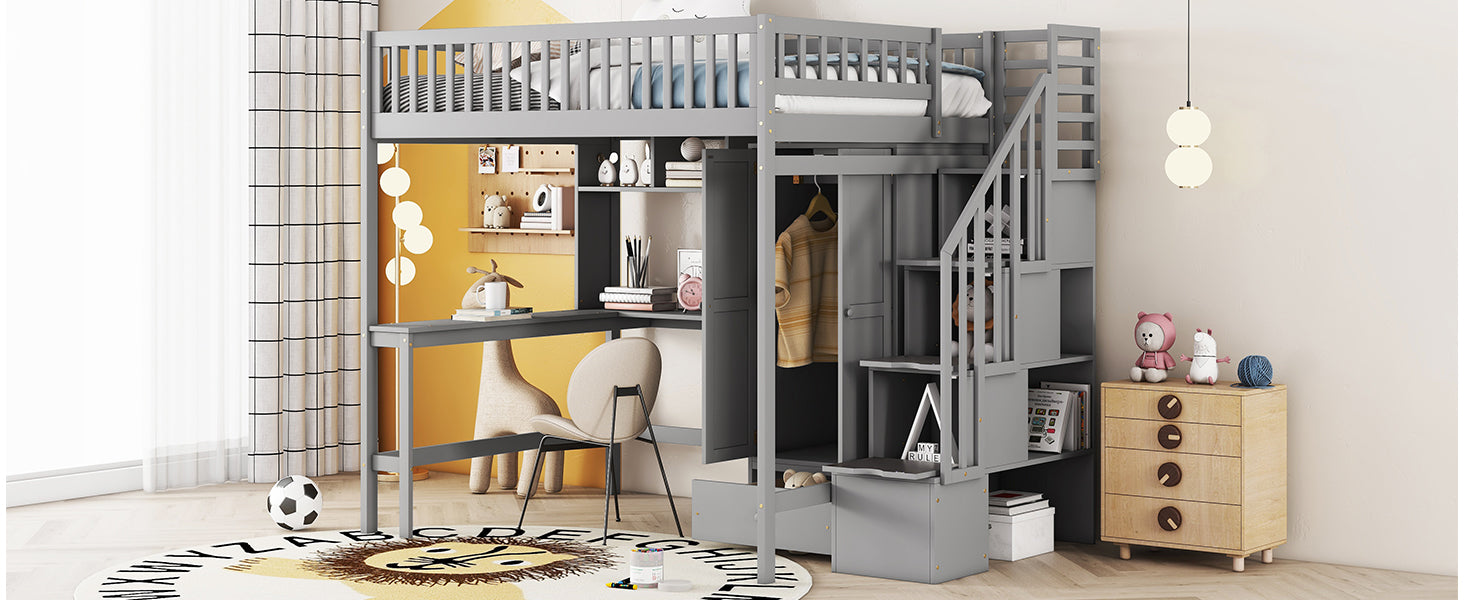 Full Size Loft Bed With Bookshelf,Drawers,Desk,And Wardrobe Gray Full Gray Solid Wood