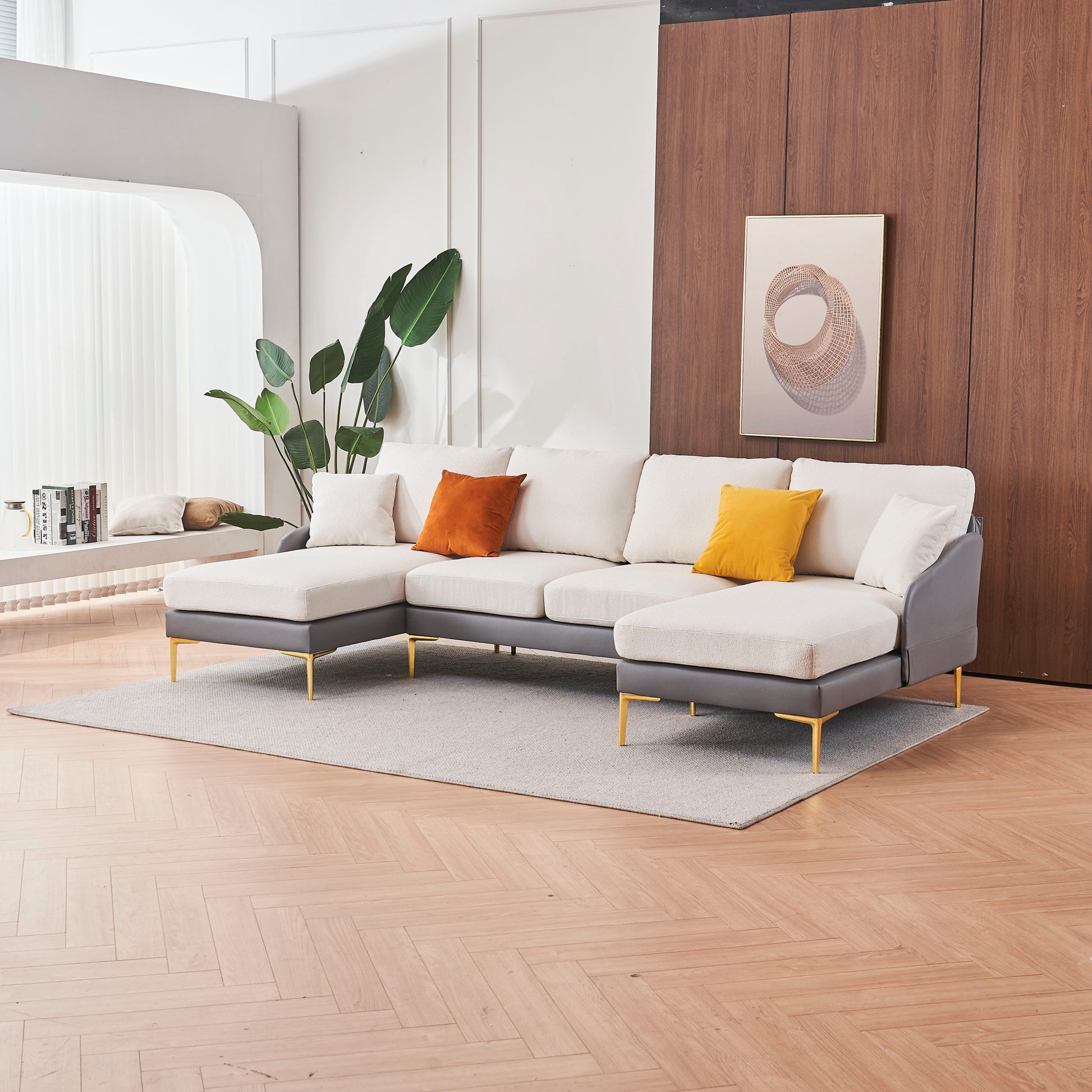 Modern Large Area Linen Leathaire Fabric Color Matching Segmented Sofa, Ultra Wide Lounge Chair, Golden Legs, U Shaped, Gray White Grey Primary Living Space Wood