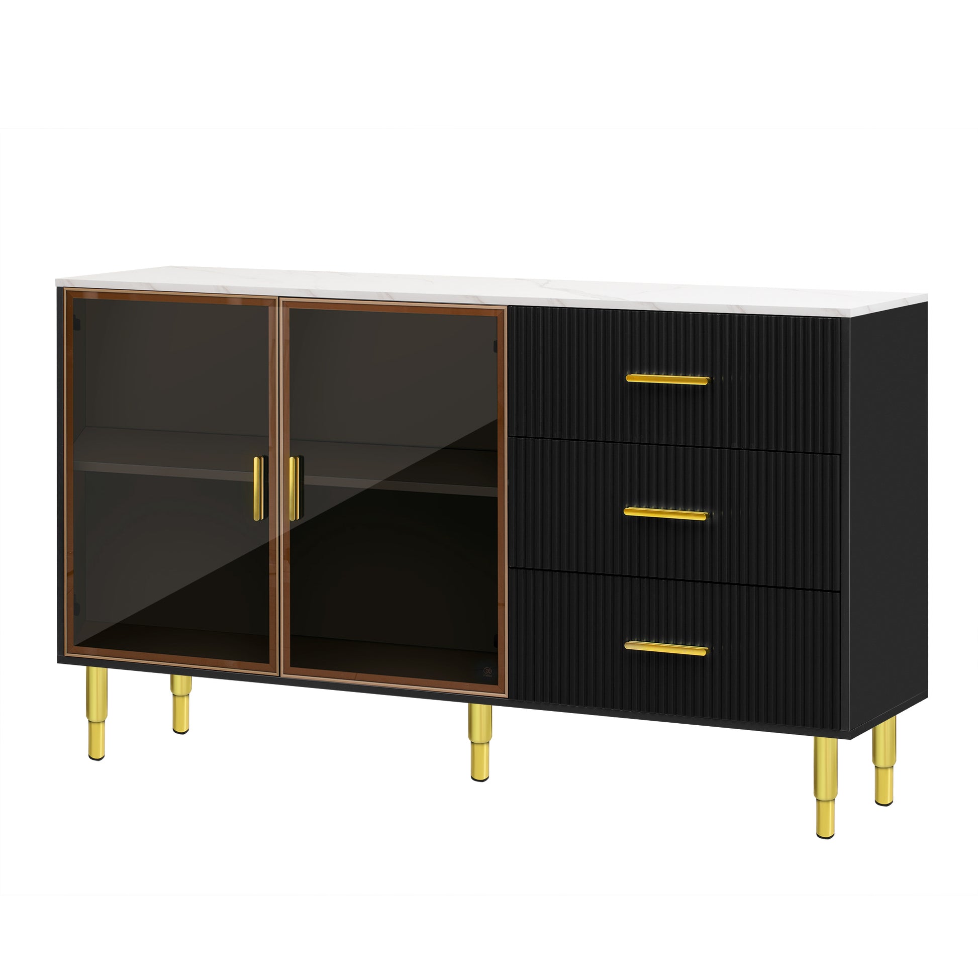 Modern Sideboard Mdf Buffet Cabinet Marble Sticker Tabletop And Amber Yellow Tempered Glass Doors With Gold Metal Legs & Handles Black Black Mdf Glass