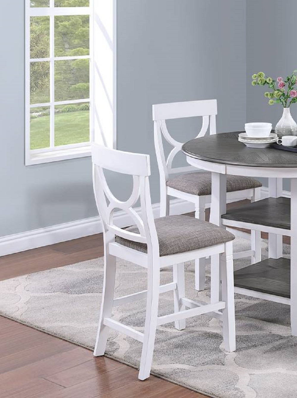 Counter Height Dining Table W Storage Shelve 4X Chairs Padded Seat Unique Design Back 5Pc Dining Set White Color Wood White Seats 4 White Dining Room Contemporary,Modern Round Dining Table With Chair Rubber Wood