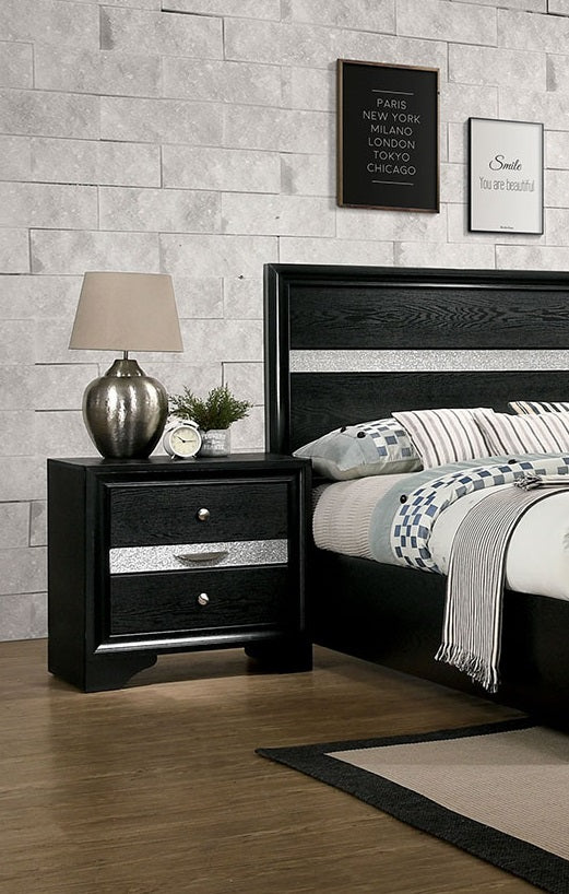 Contemporary 1Pc Nightstand Black Finish Silver Accents Hidden Jewelry Drawer Nickel Round Knob Bedside Table Bedroom Furniture Black 2 Drawers Bedroom Bedside Cabinet Contemporary,Modern,Transitional Rubberwood Drawers Black Solid Wood