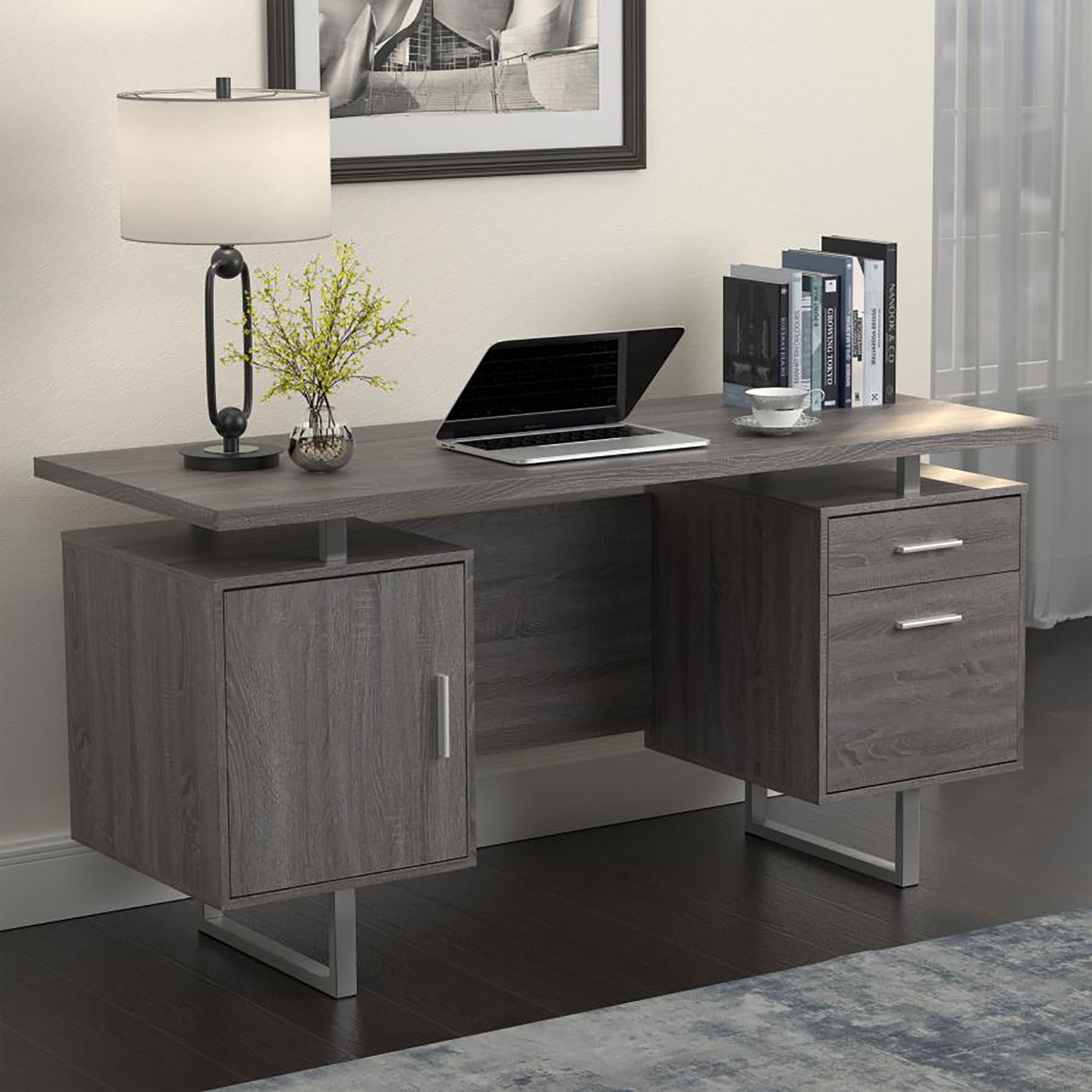 Weathered Grey 2 Drawer Floating Top Office Desk Grey Gray Computer Desk Office Contemporary,Modern Rectangular Drawers Computer Tables Wood Sled