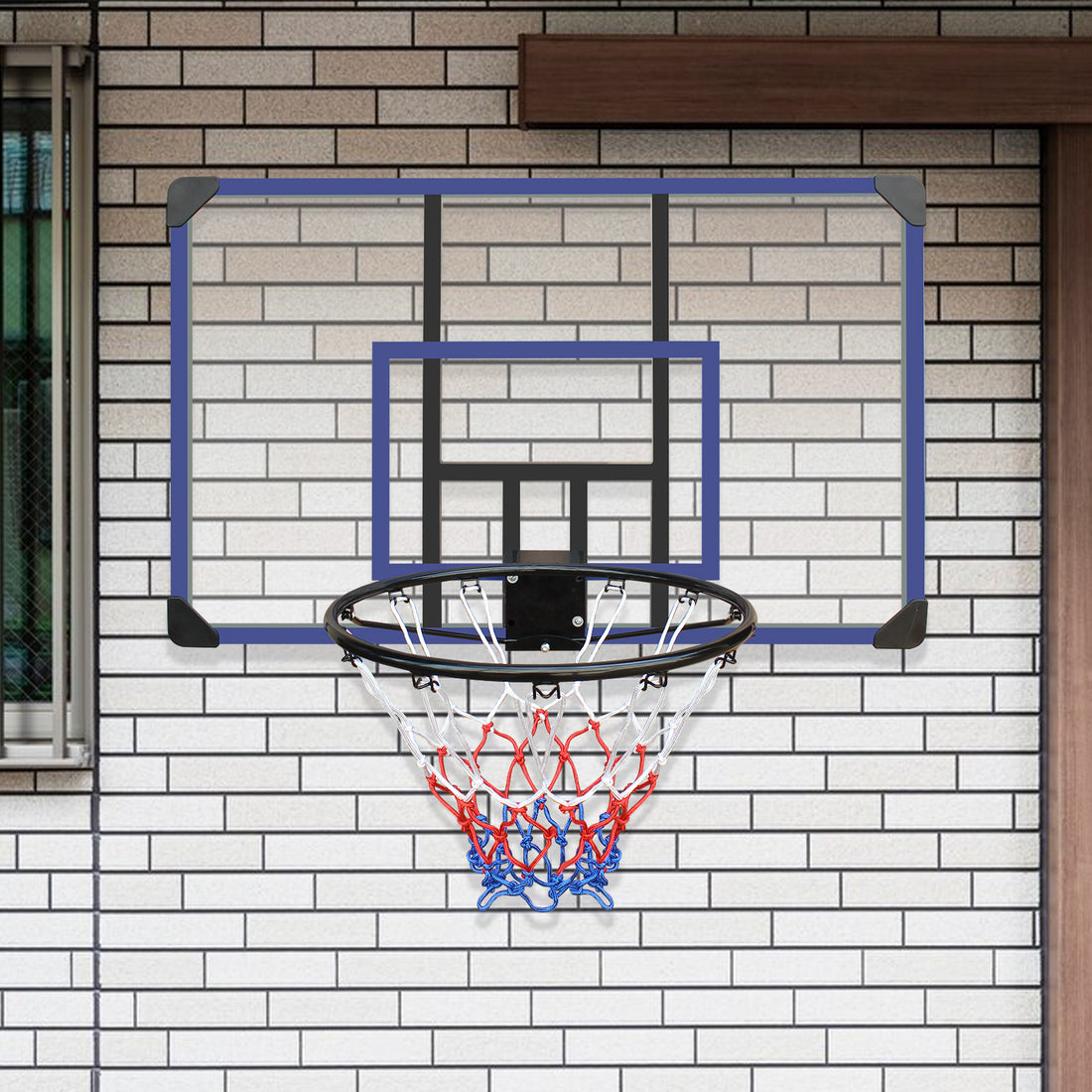 Wall Mounted Basketball Hoop, 45 X 29 Inches Shatterproof Back, Folding Hoop, Durable Hoop And All Weather Mesh For Indoor And Outdoor Use Black Blue Iron