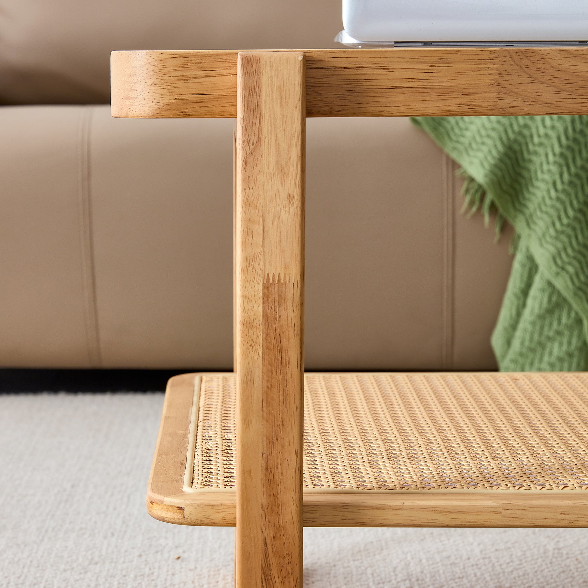 Modern Simple Rectangle Double Layer Solid Wood Glass Desktop Tea Table Rattan Woven Chinese Side Table Small Rectangle Table Suitable For Living Room, Dining Room And Bedroom Natural Solid Wood