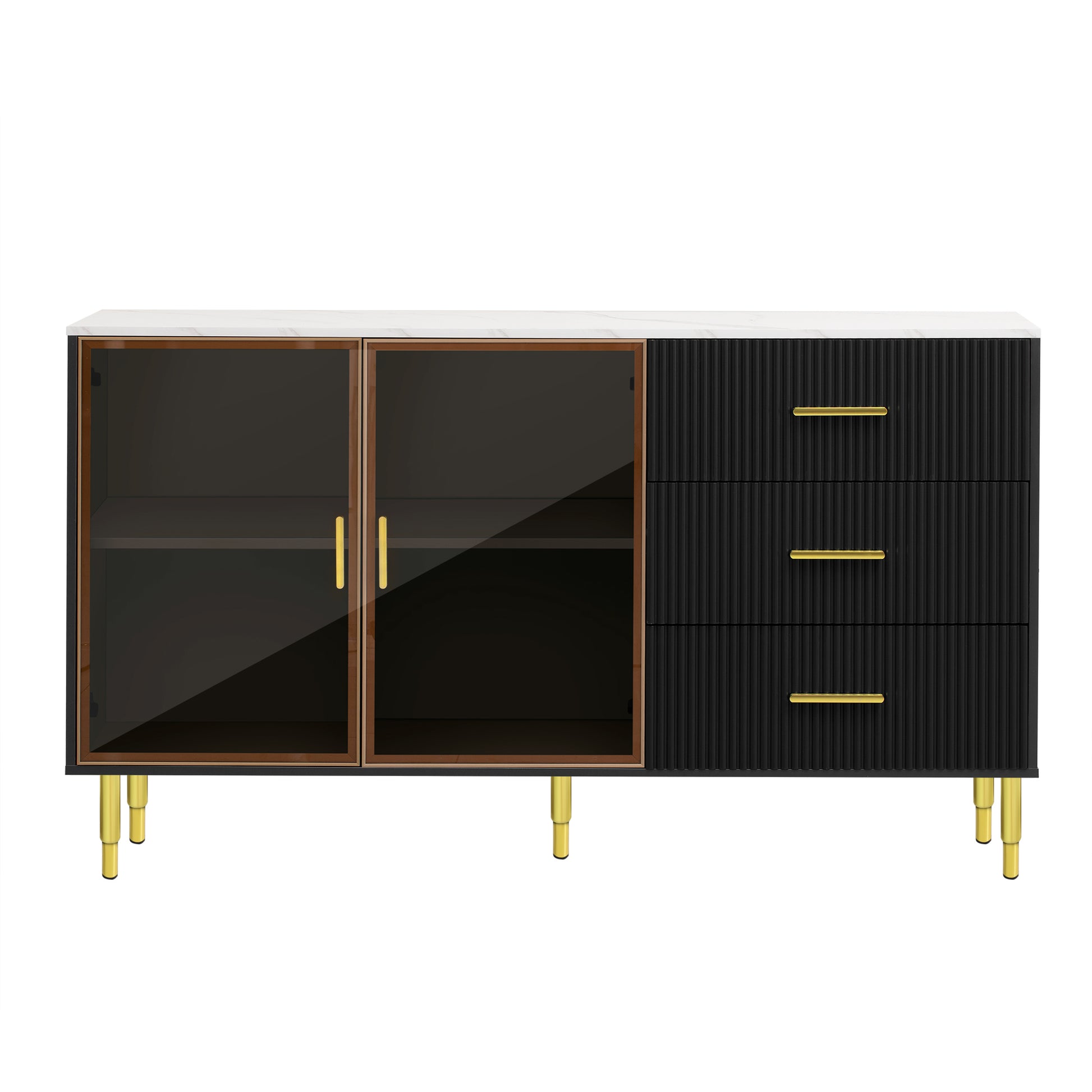 Modern Sideboard Mdf Buffet Cabinet Marble Sticker Tabletop And Amber Yellow Tempered Glass Doors With Gold Metal Legs & Handles Black Black Mdf Glass