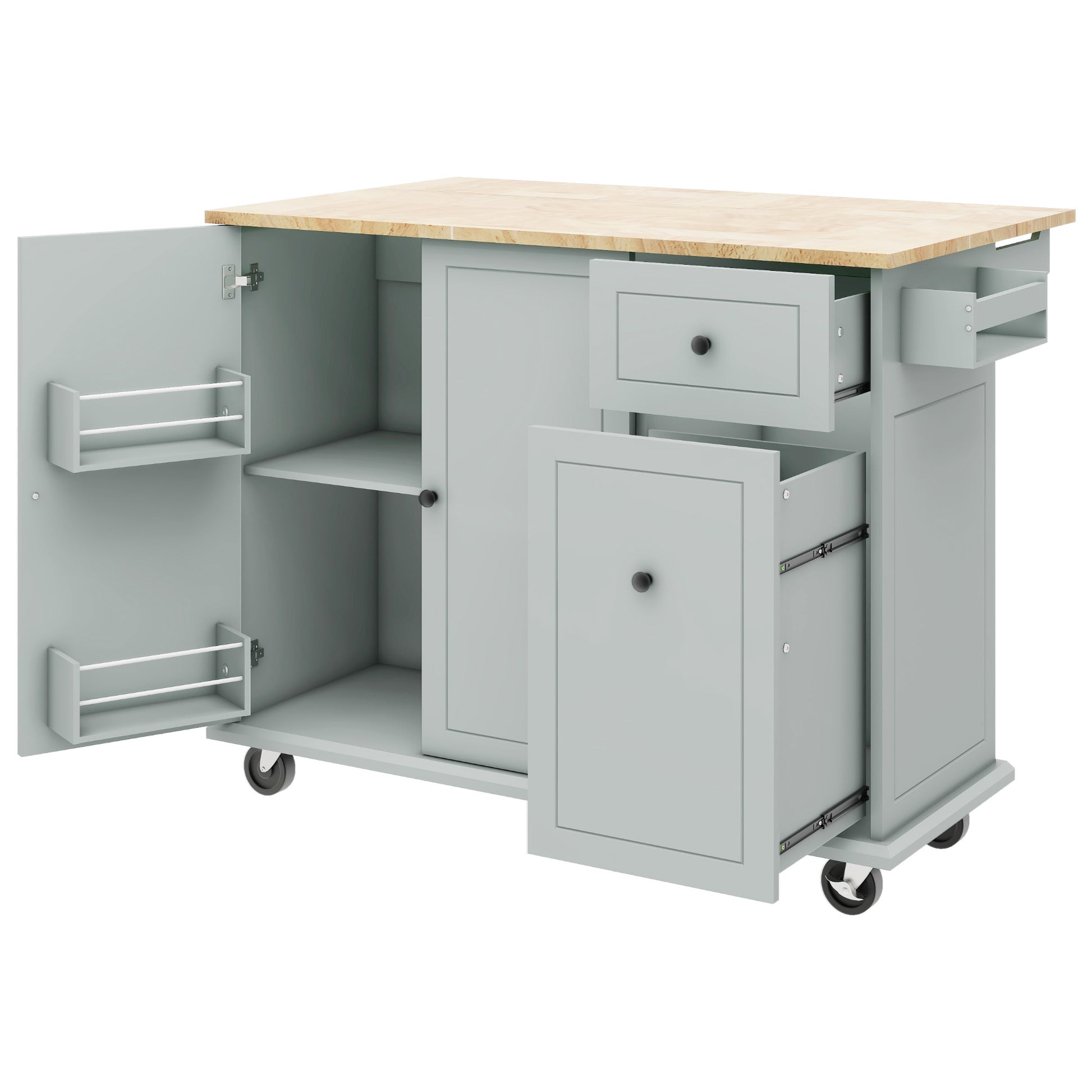 Kitchen Island With Drop Leaf, 53.9" Width Rolling Kitchen Cart On Wheels With Internal Storage Rack And 3 Tier Pull Out Cabinet Organizer, Kitchen Storage Cart With Spice Rack, Towel Rack Grey Blue Grey Blue Kitchen Classic,European,Modern Rectangular