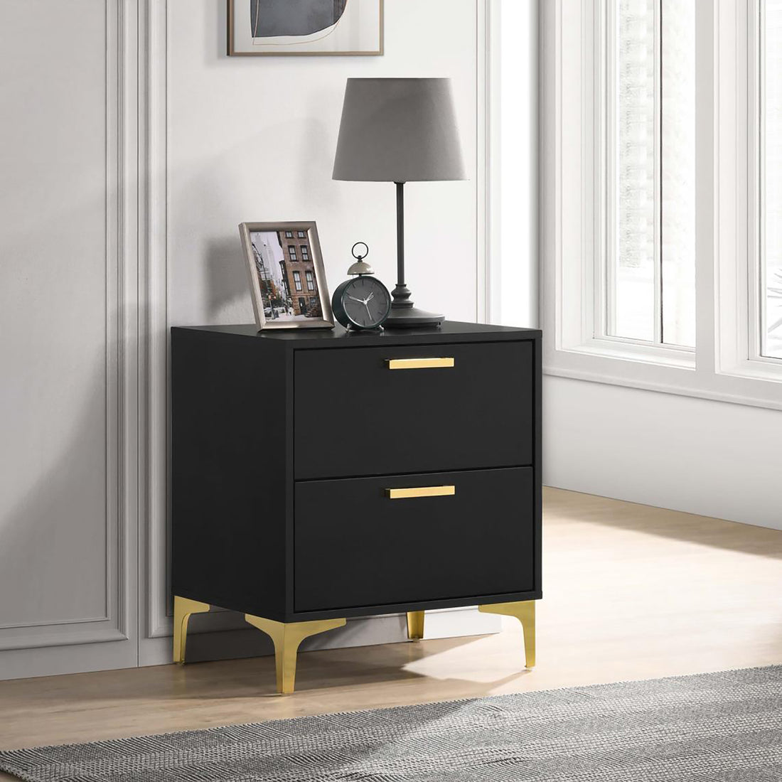 Black And Gold 2 Drawer Rectangular Nightstand Black 2 Drawers Bedroom Drawer Storage Glam Rubberwood Dovetail Joints Black Wood