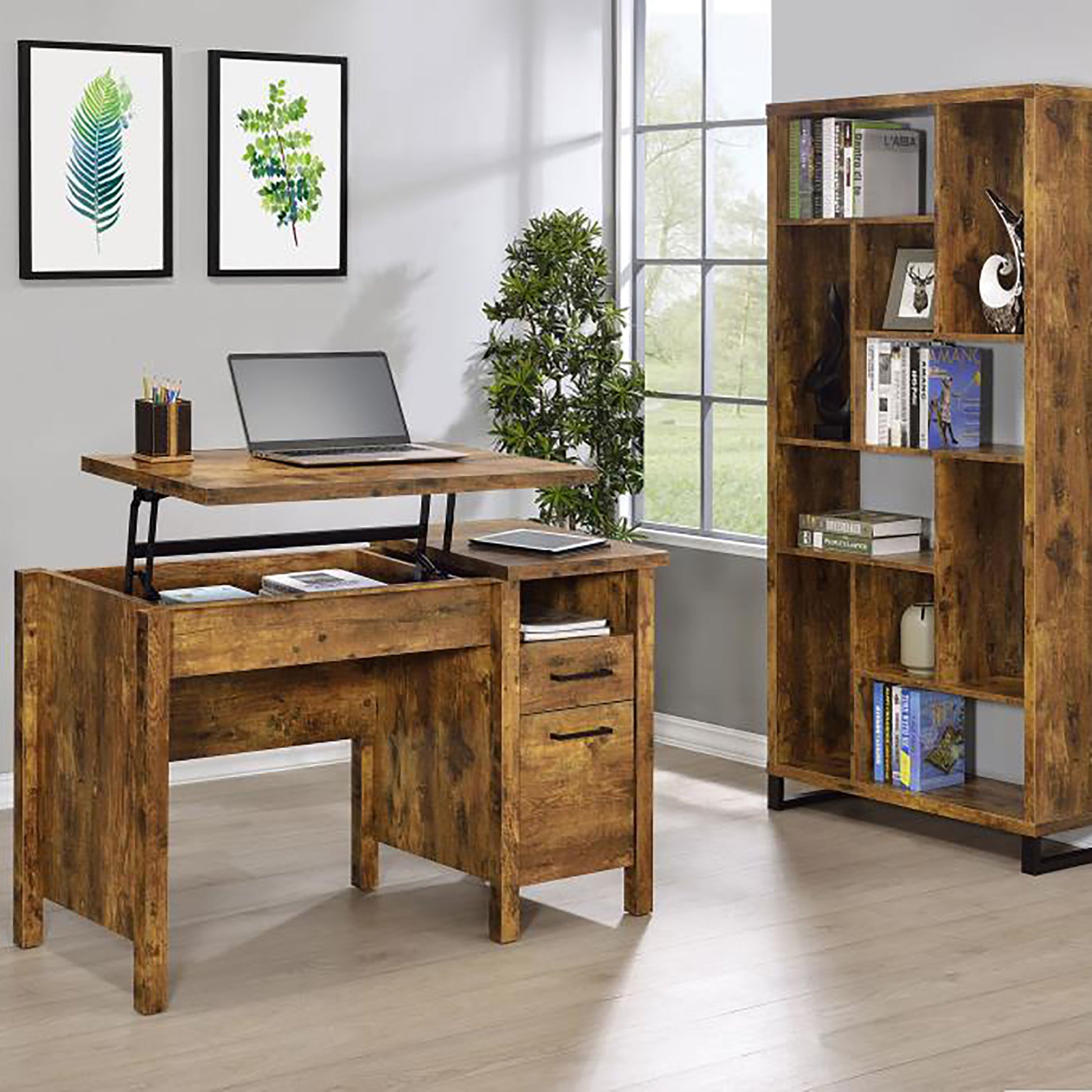 Antique Nutmeg 6 Tier Rectangular Bookcase 8 Or More Brown Brown Geometric Vertical Office Wood Open Back Farmhouse,Rustic Wood
