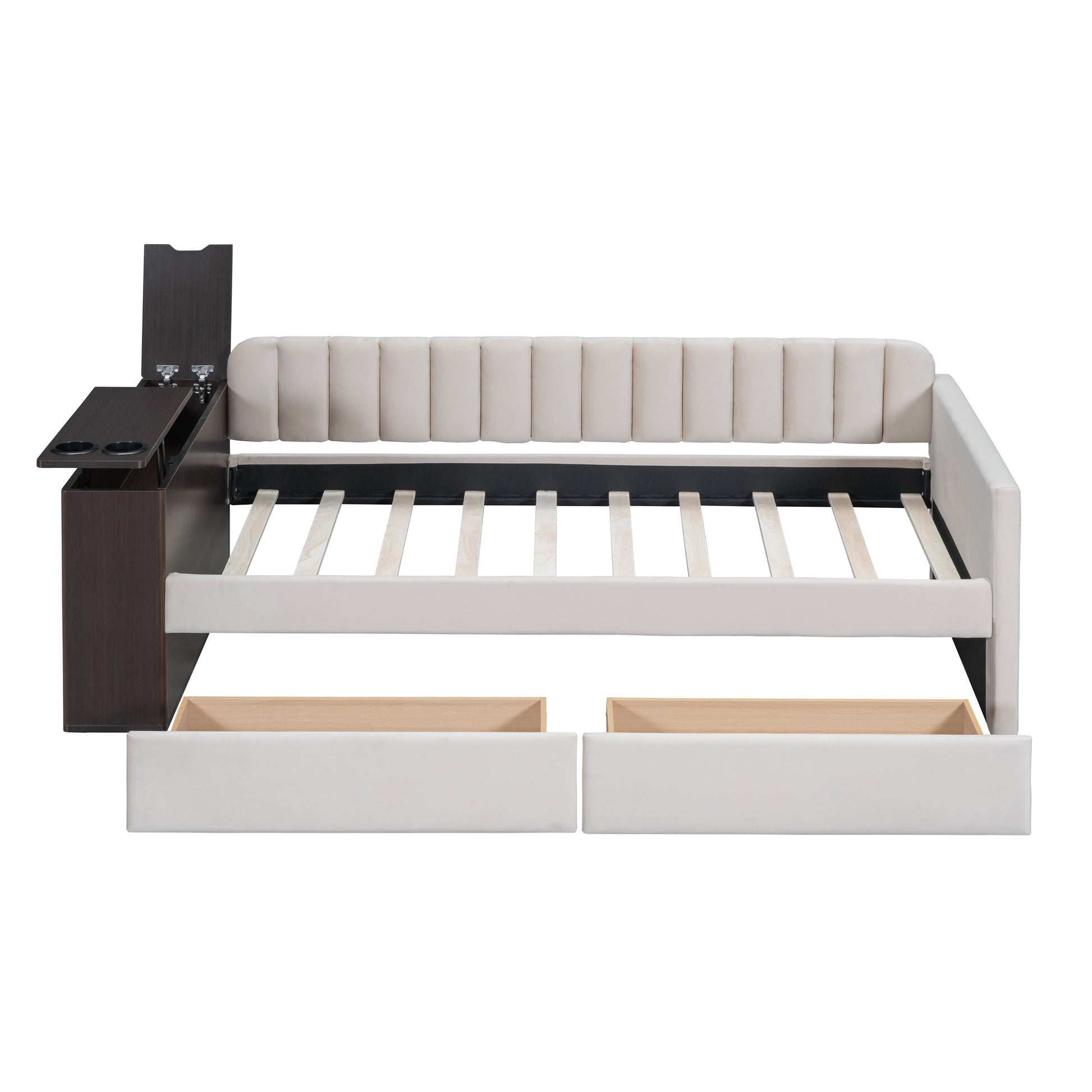 Twin Size Upholstered Daybed With Storage Armrest And 2 Drawers, Multi Functional Daybed With Cup Holder And A Set Of Usb Ports And Sockets, Beige Beige Upholstered