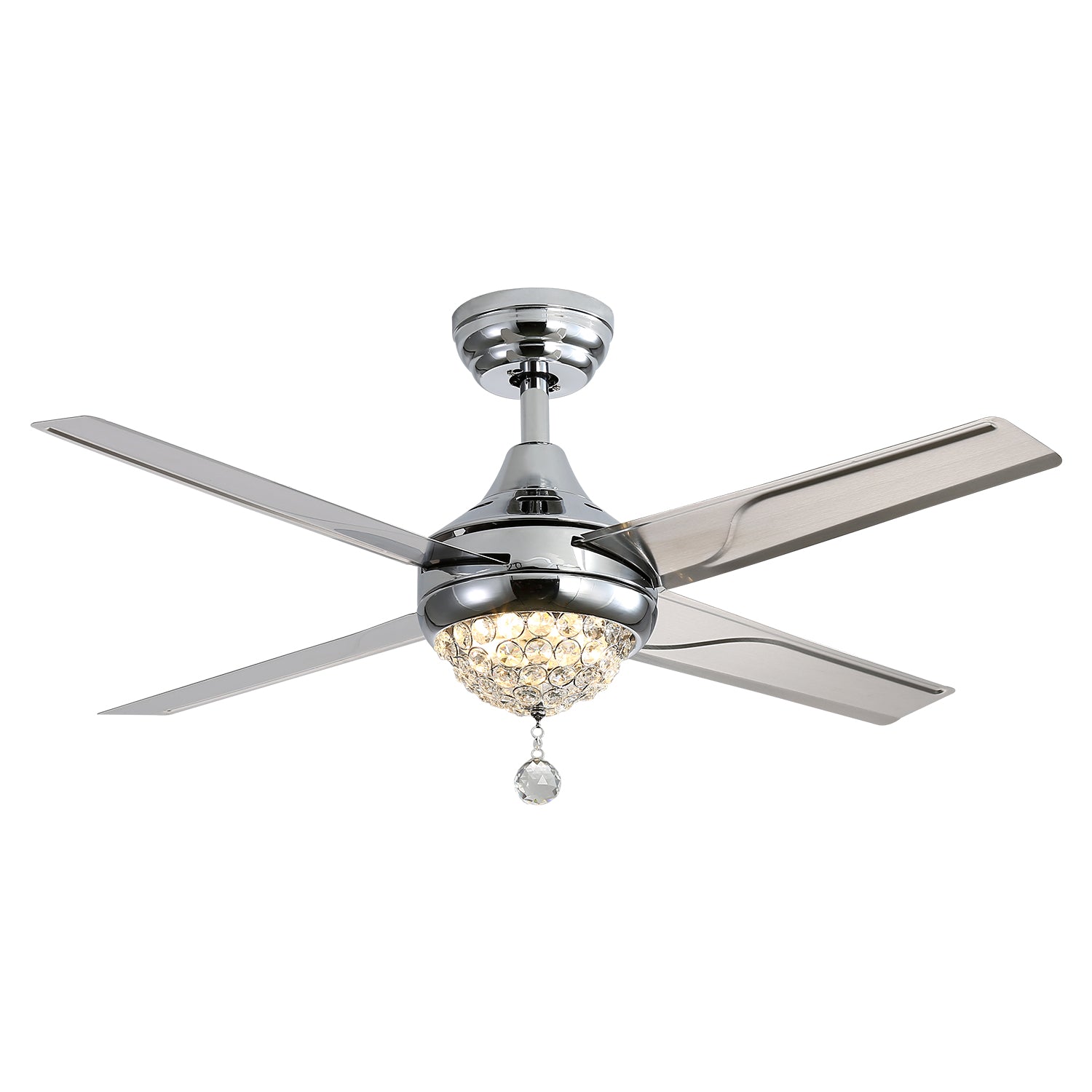 48 Inch Crystal With 3 Speed Wind 4 Iron Blades Remote Control Ac Motor With Light Chrome Metal