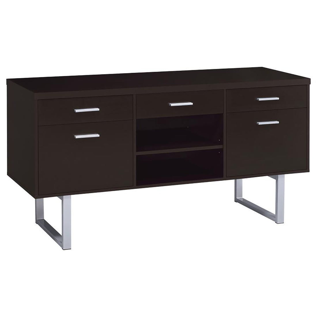 Cappuccino 5 Drawer Credenza With Open Shelving Cappuccino Brown Writting Desk Office Contemporary,Modern Rectangular Drawers Desk Wood Sled