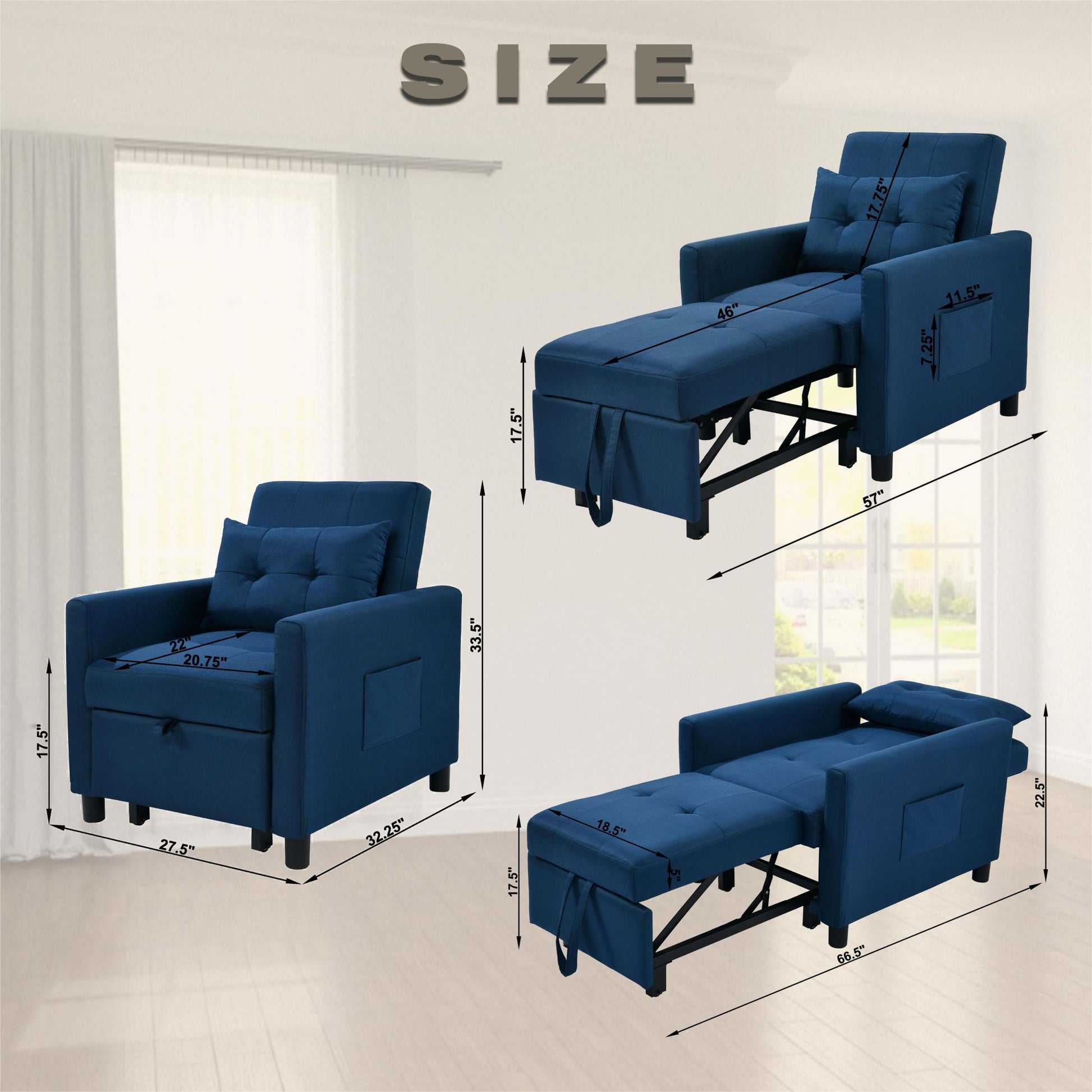 3 In 1 Convertible Futon Sofa Bed With Adjustable Backrest, Single Sofa Bed With Pull Out Sleeper, Convertible Futon Chair For Living Room, Side Bag And 1 Lumbar Pillow,Navy Navy Linen Wood Fabric 1 Seat