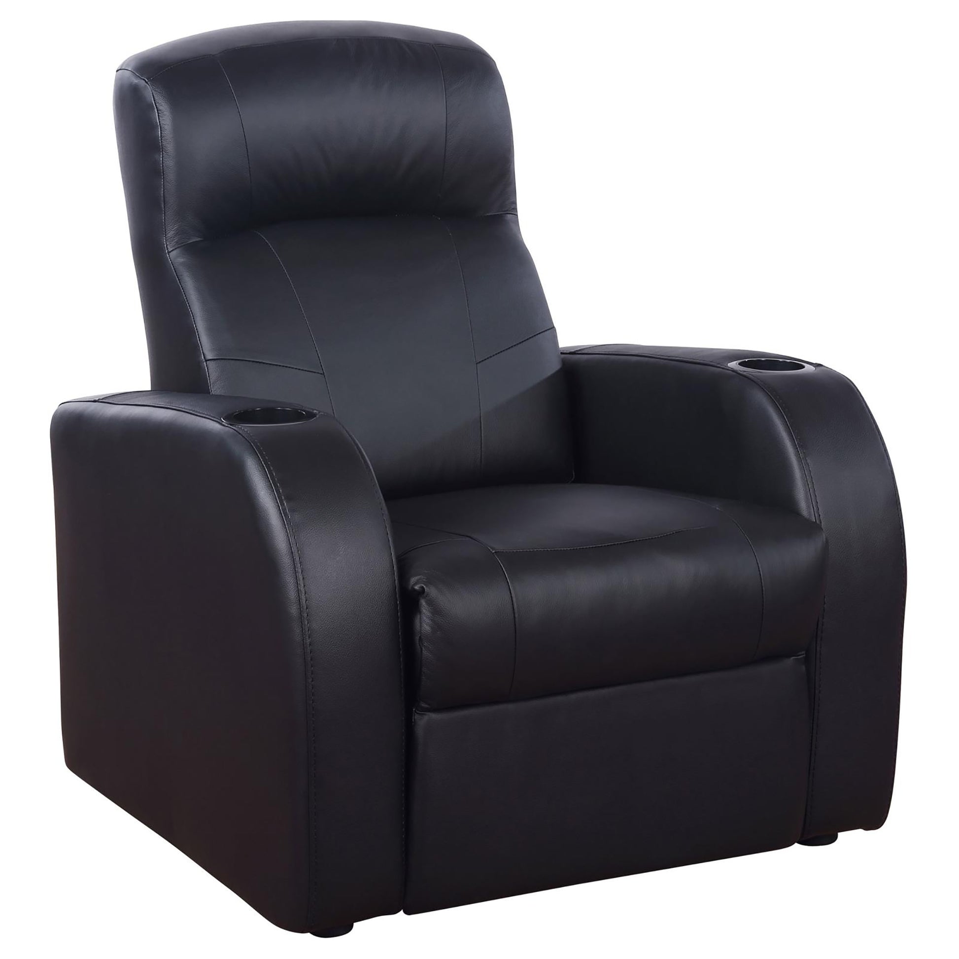 Black Upholstered Recliner With Cup Holder Black Genuine Leather Wood Primary Living Space Medium Firm Tight Back Contemporary,Modern Acacia Square Arms Foam Upholstered